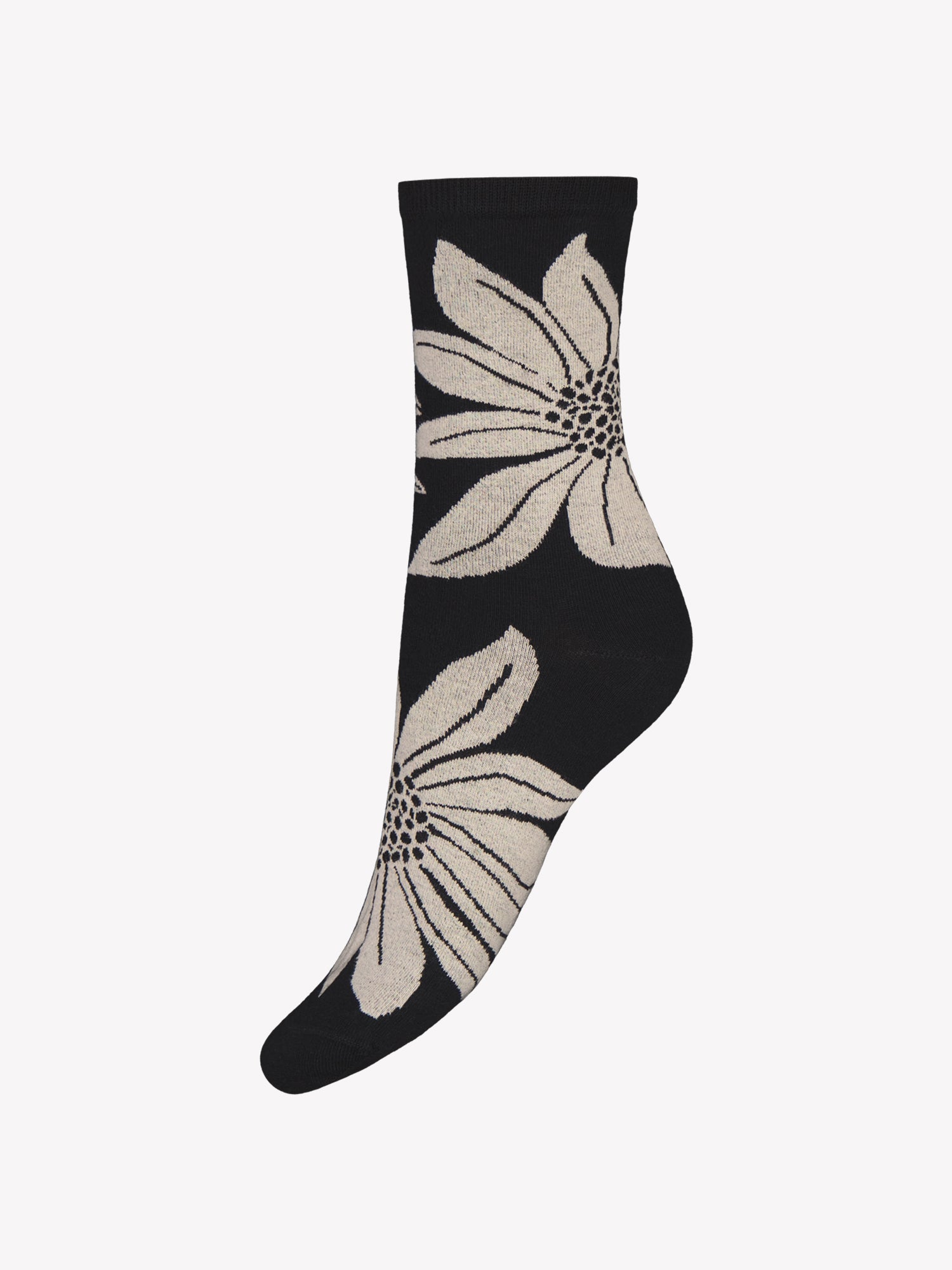Vogue's Sylvi ankle sock in black with a beige flower print shown in a product picture.