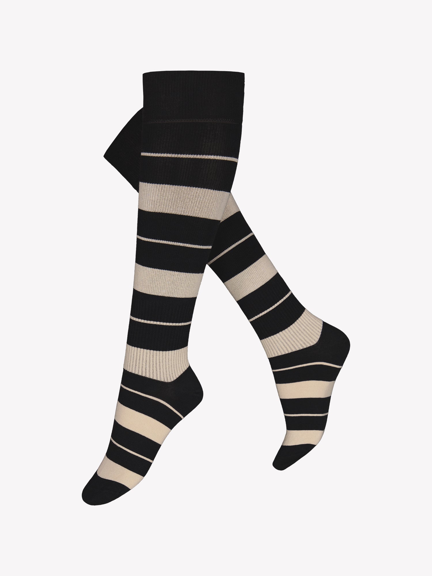 Vogue's support knee socks Charli in black with beige stripe pattern in a product picture.