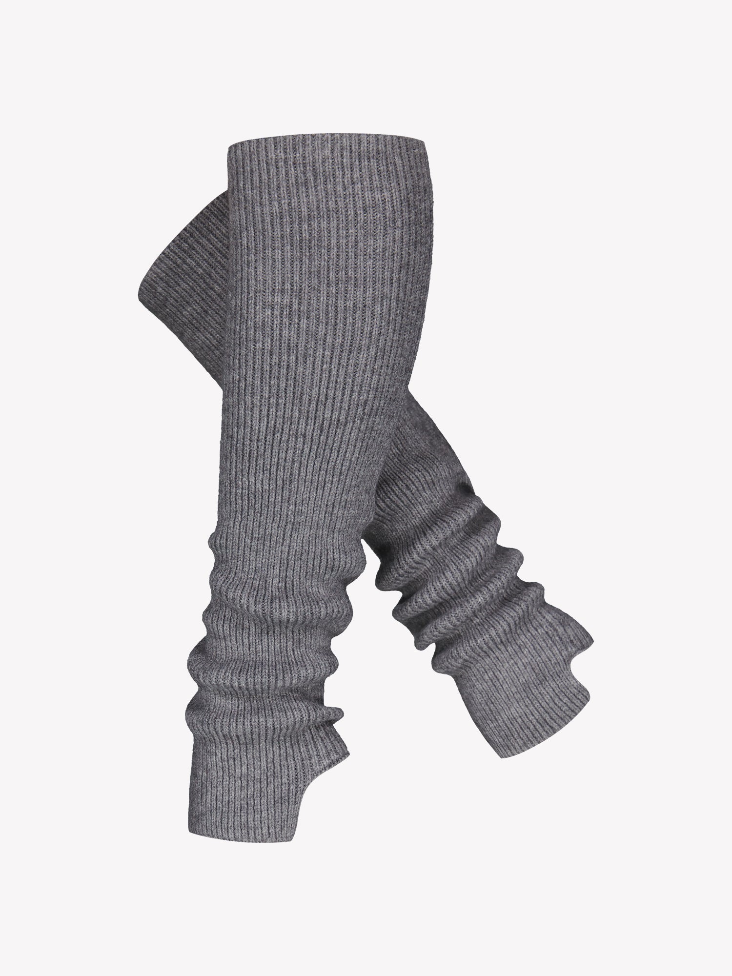 Vogue's melange grey wool blend leg warmers, featuring a striking classic rib pattern in a product picture.