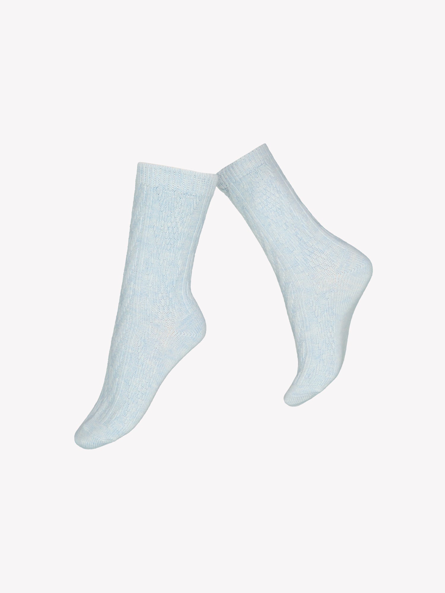Vogue's soft light blue toned wool blend socks with a beautiful cable knit pattern, product picture