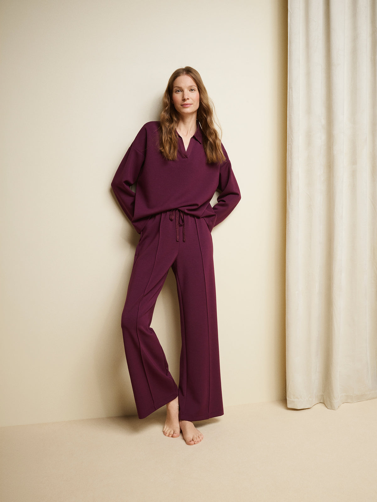 Nanso women's violet toned Aurelia lounge shirt with a collar combines relaxed comfort with a polished look.