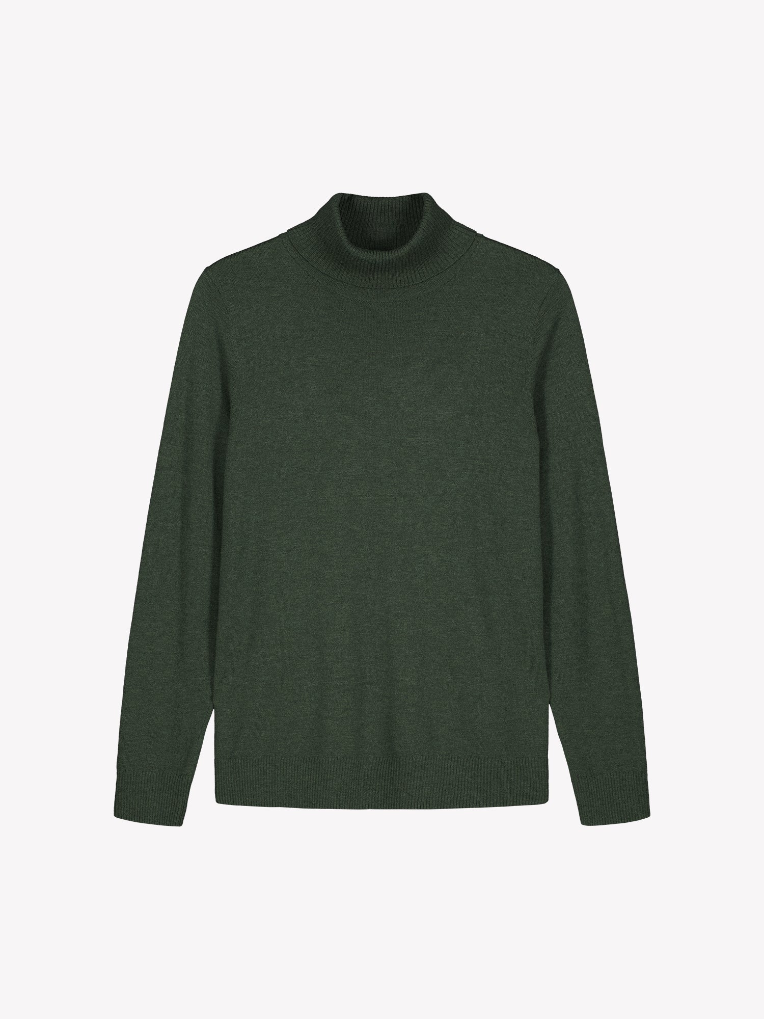 Nanso women’s dark green Villis turtleneck sweater, lightweight knit with full-length sleeves and hip-length hem, product photo.