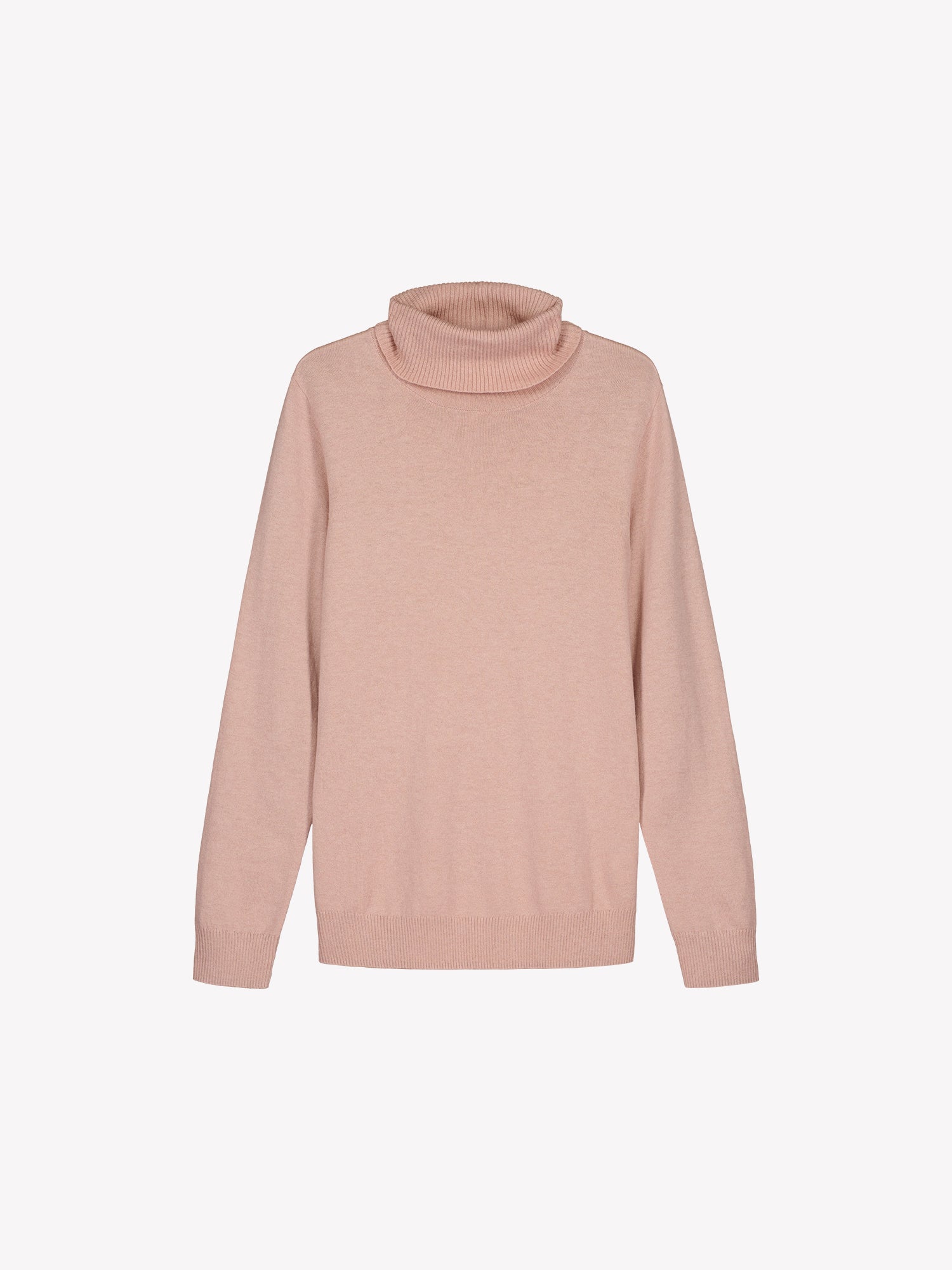 Nanso women’s light pink Villis turtleneck sweater in a soft merino wool and cotton blend, full-length sleeves and hip-length hem, product photo.