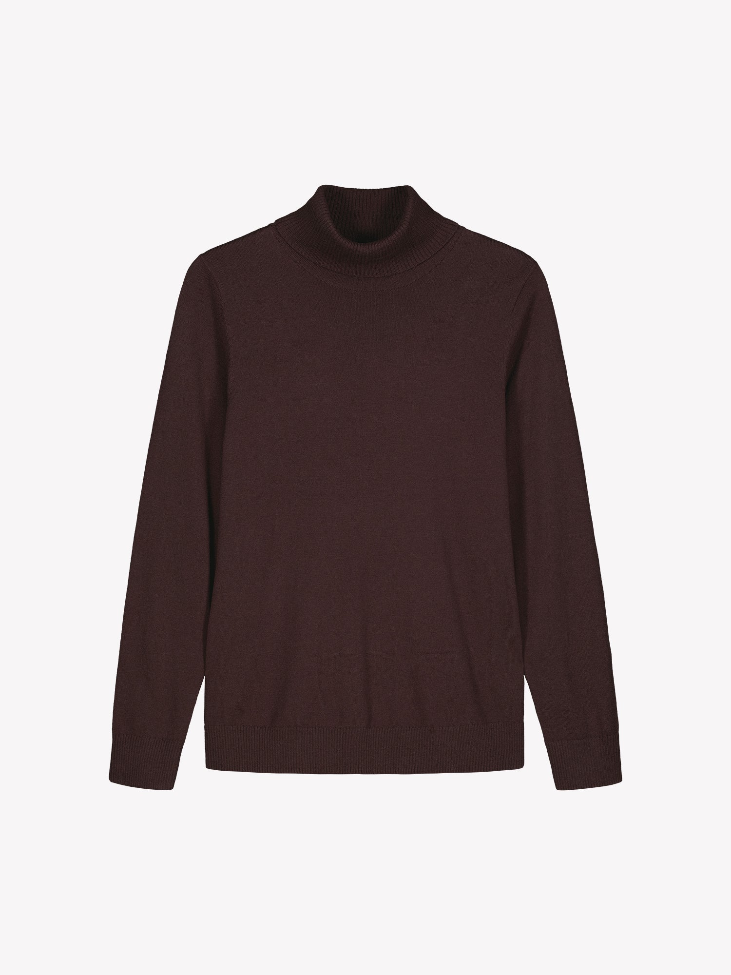 Nanso women’s dark red Villis turtleneck sweater, lightweight merino wool and cotton knit with full-length sleeves and hip-length hem, product photo.