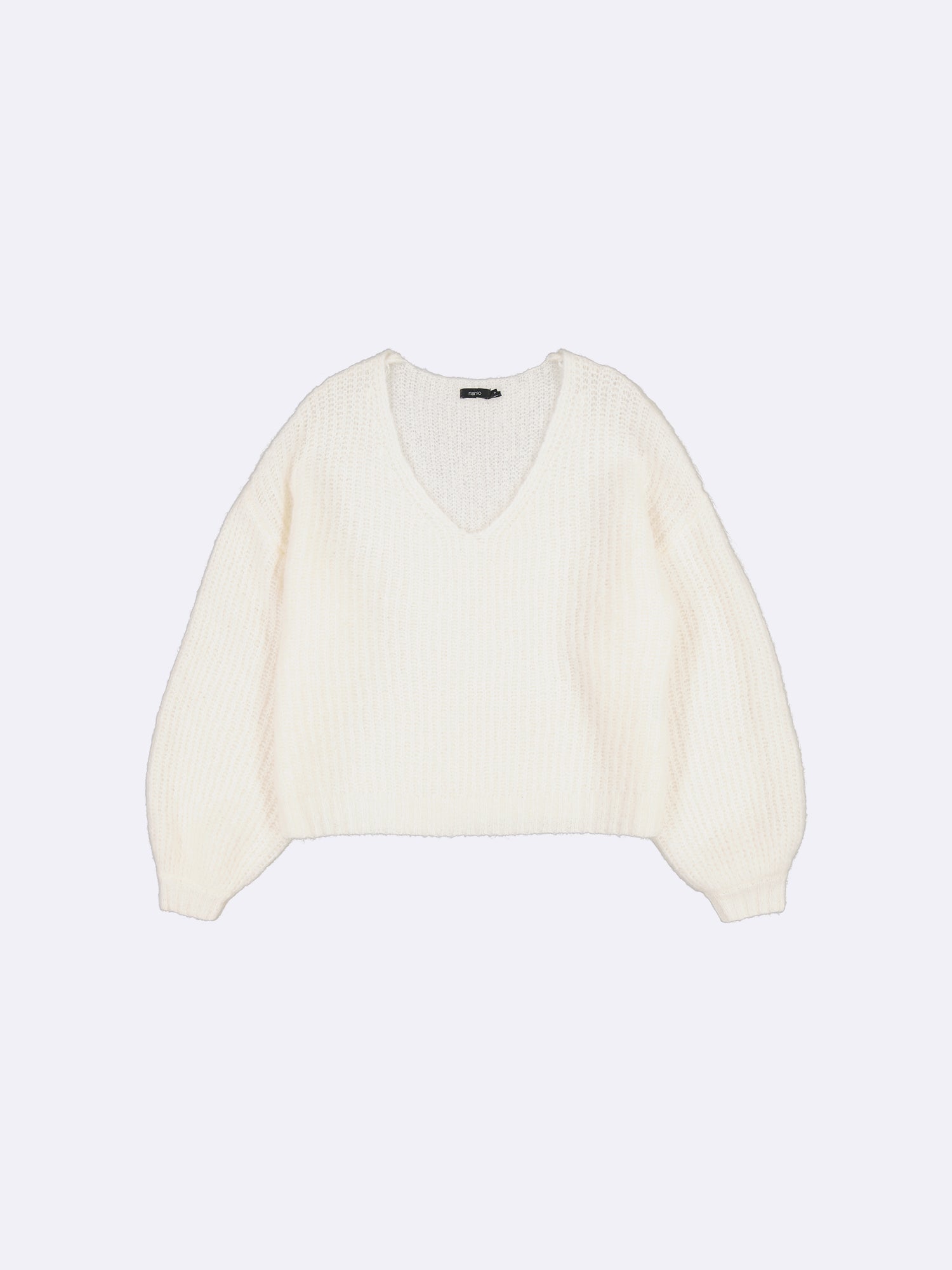 Nanso women's cozy off-white Karamelli knit sweater with a V-neckline.