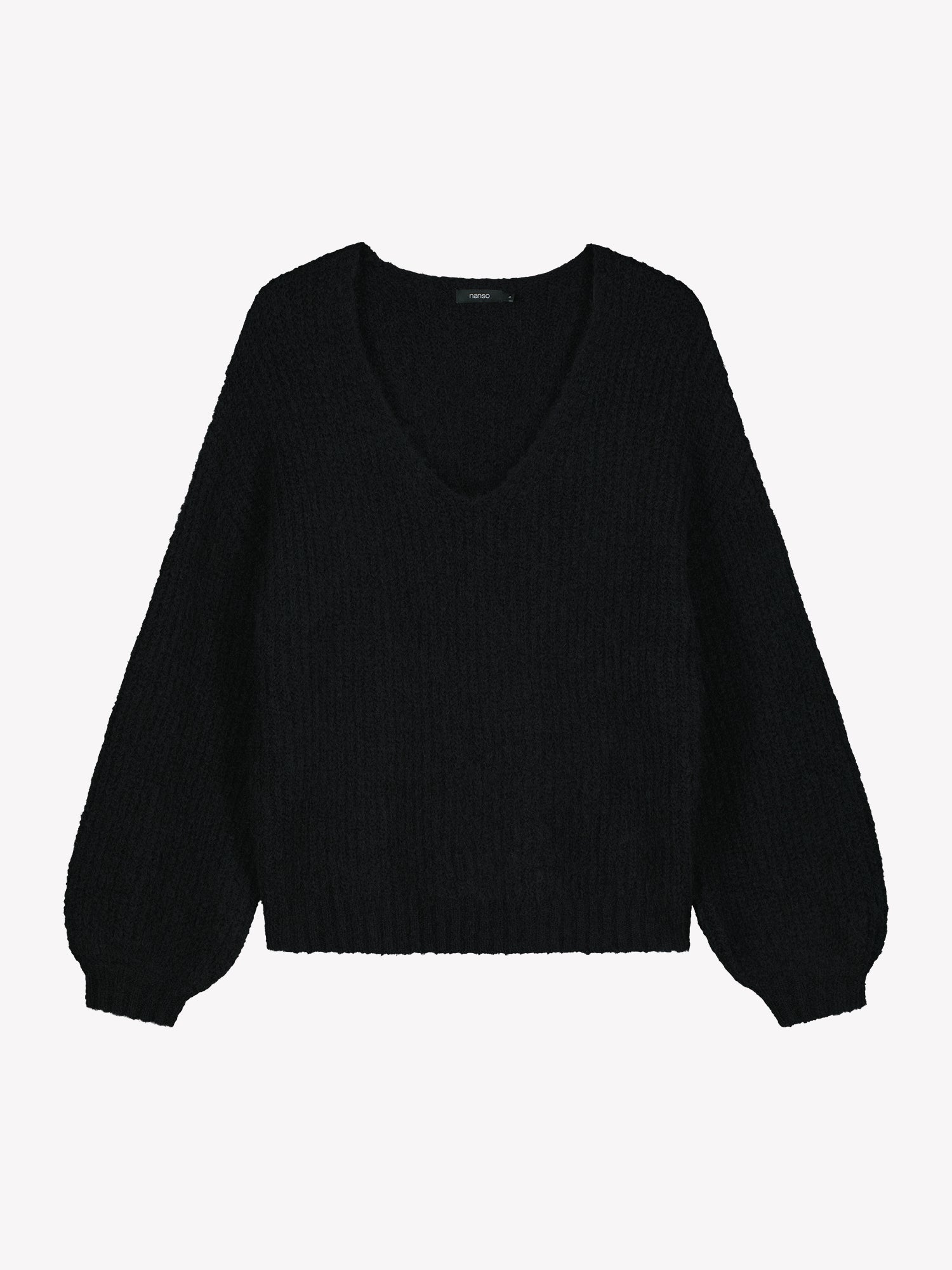Nanso women's cozy black Karamelli knit sweater with a V-neckline.