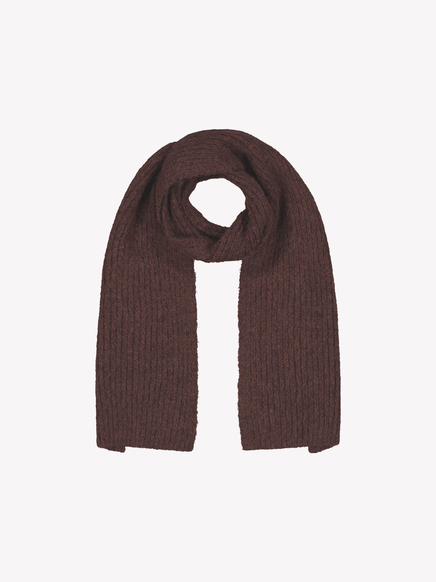 Nanso's soft and warm dark brown Usva scarf for women features a ribbed knit design.