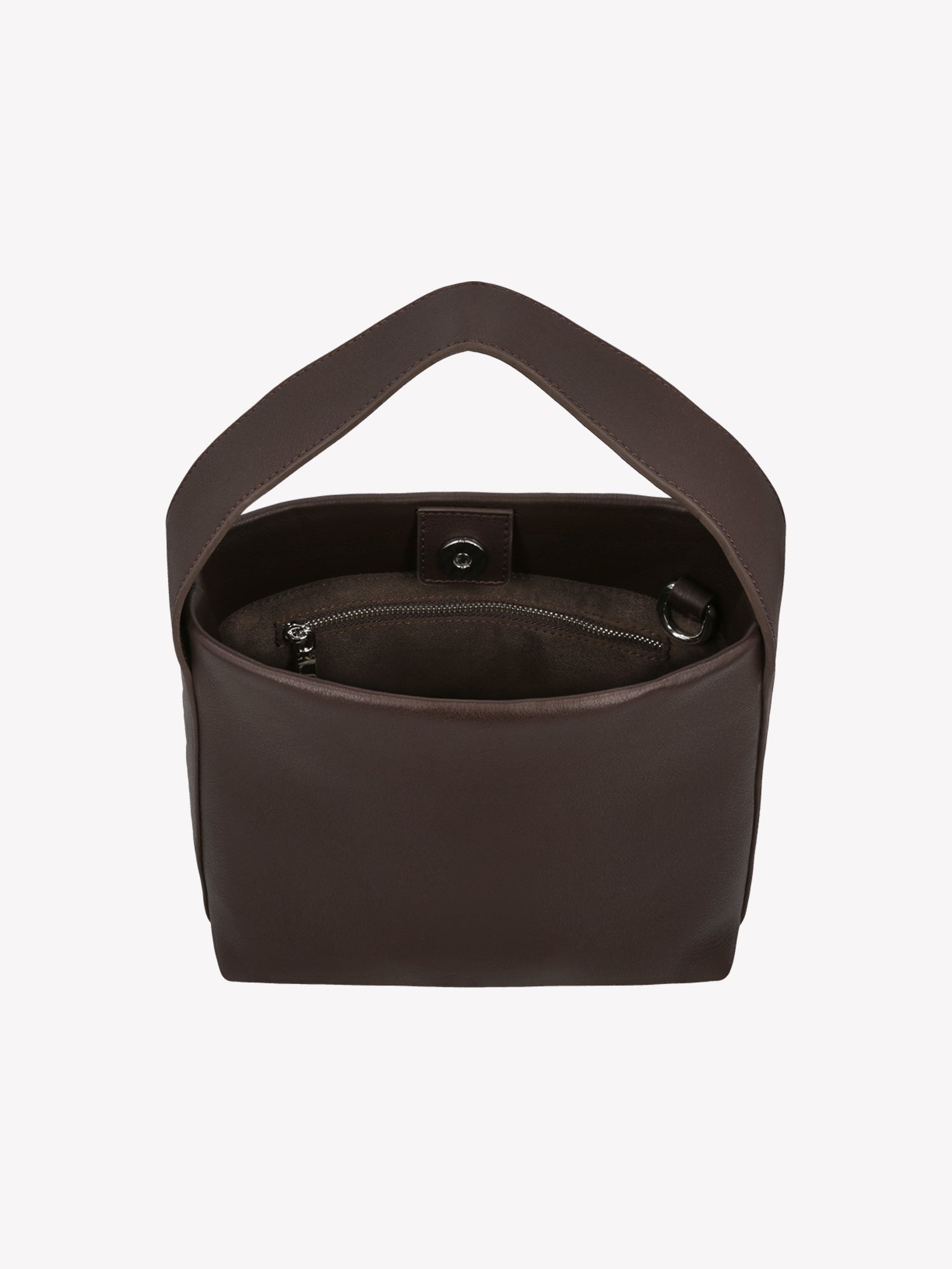 Nanso women’s versatile dark brown leather bag with a detachable shoulder strap, detail