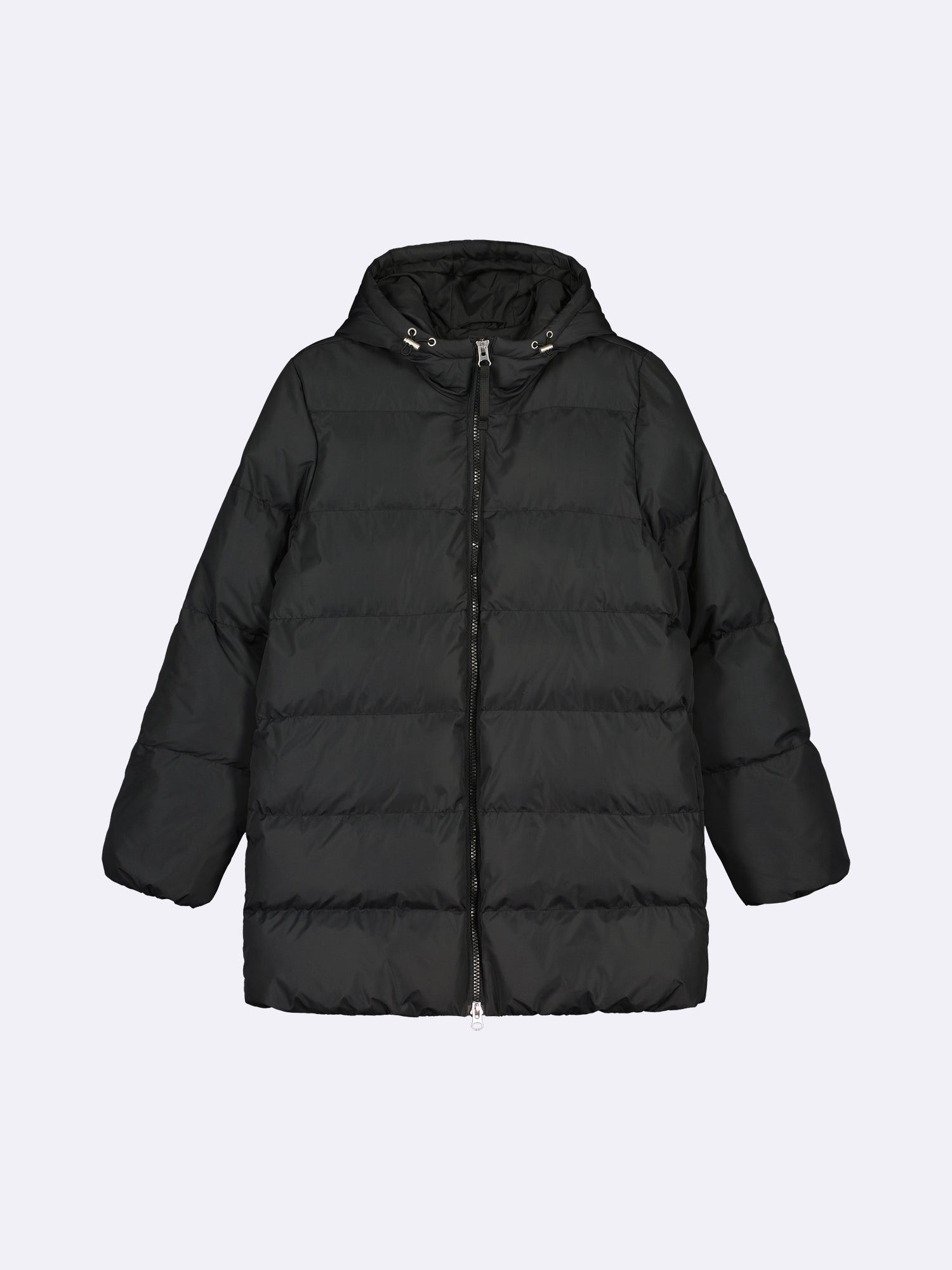 The black Lumi padded coat provides warmth with its soft, lightweight padding and generous fit, in product image.