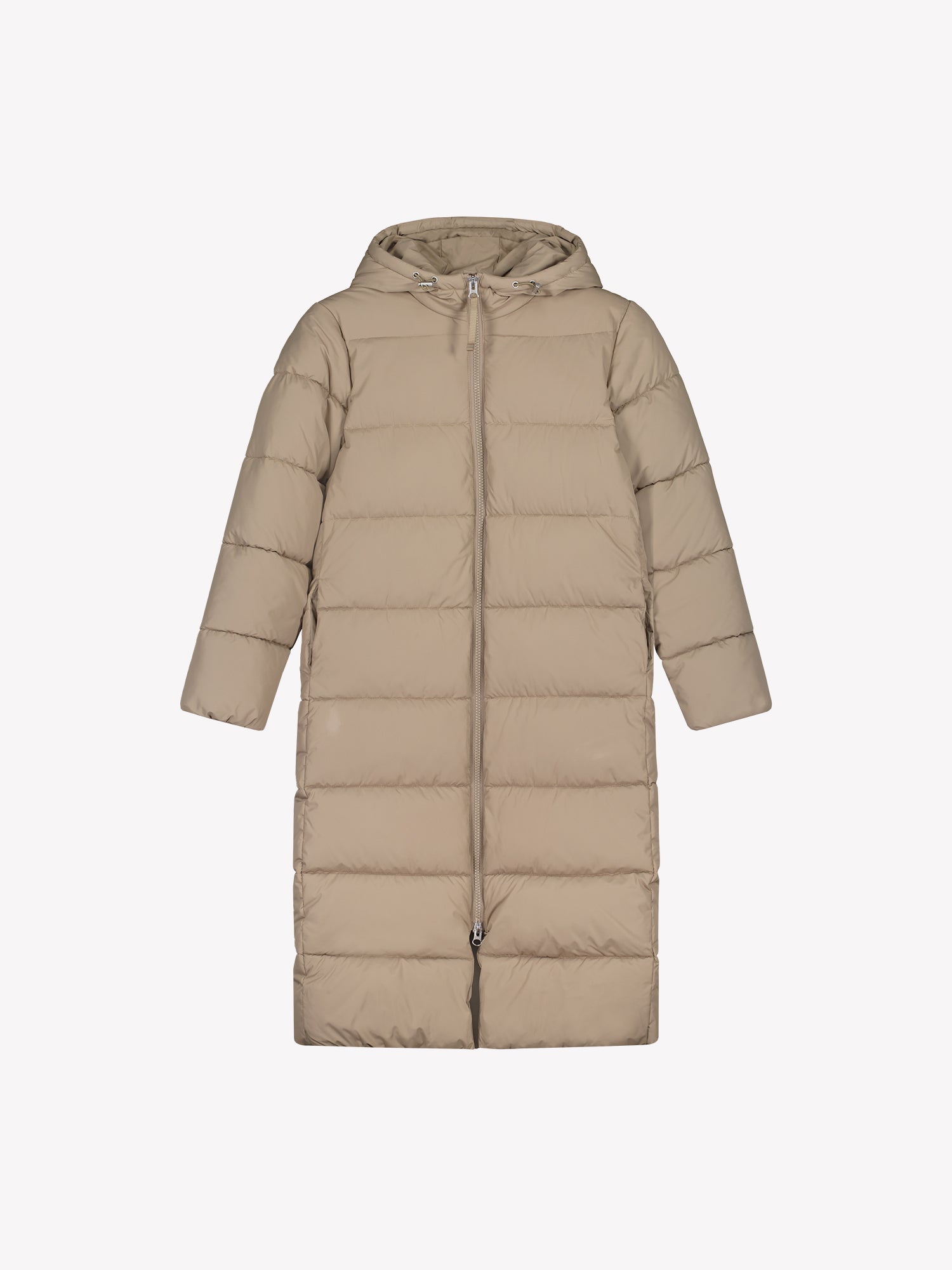 The Lumi Long Pink Puffer Coat in beige offers cozy warmth with its lightweight, puffy insulation. In product image.