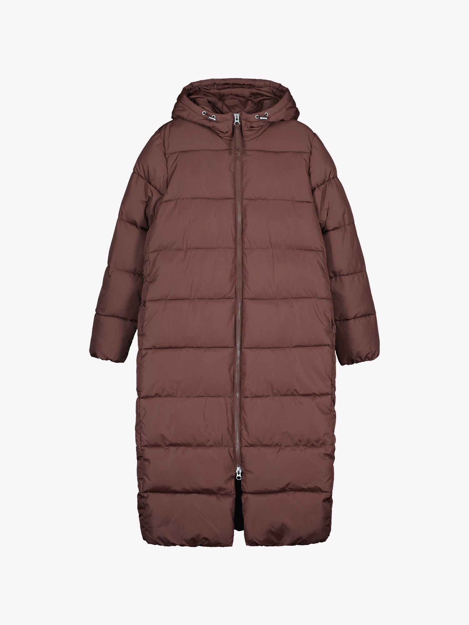 The Lumi Long Pink Puffer Coat in beige offers cozy warmth with its lightweight, puffy insulation. In product image.