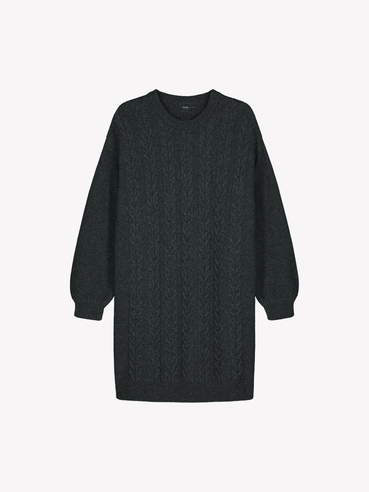 Dark gray cable knit sweater dress on a white background