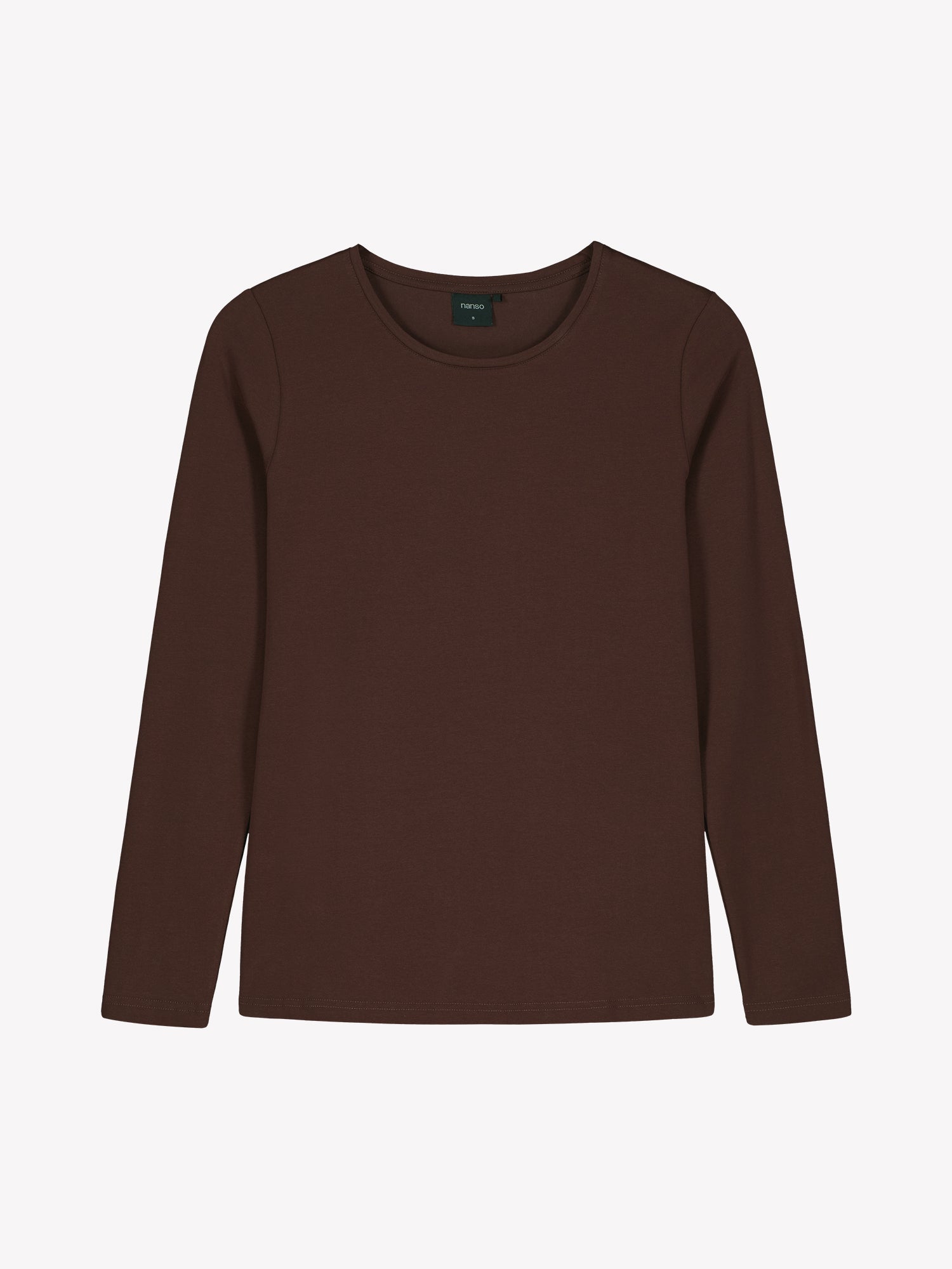 Nanso women's classic dark brown long-sleeved Basic shirt with a round neckline.