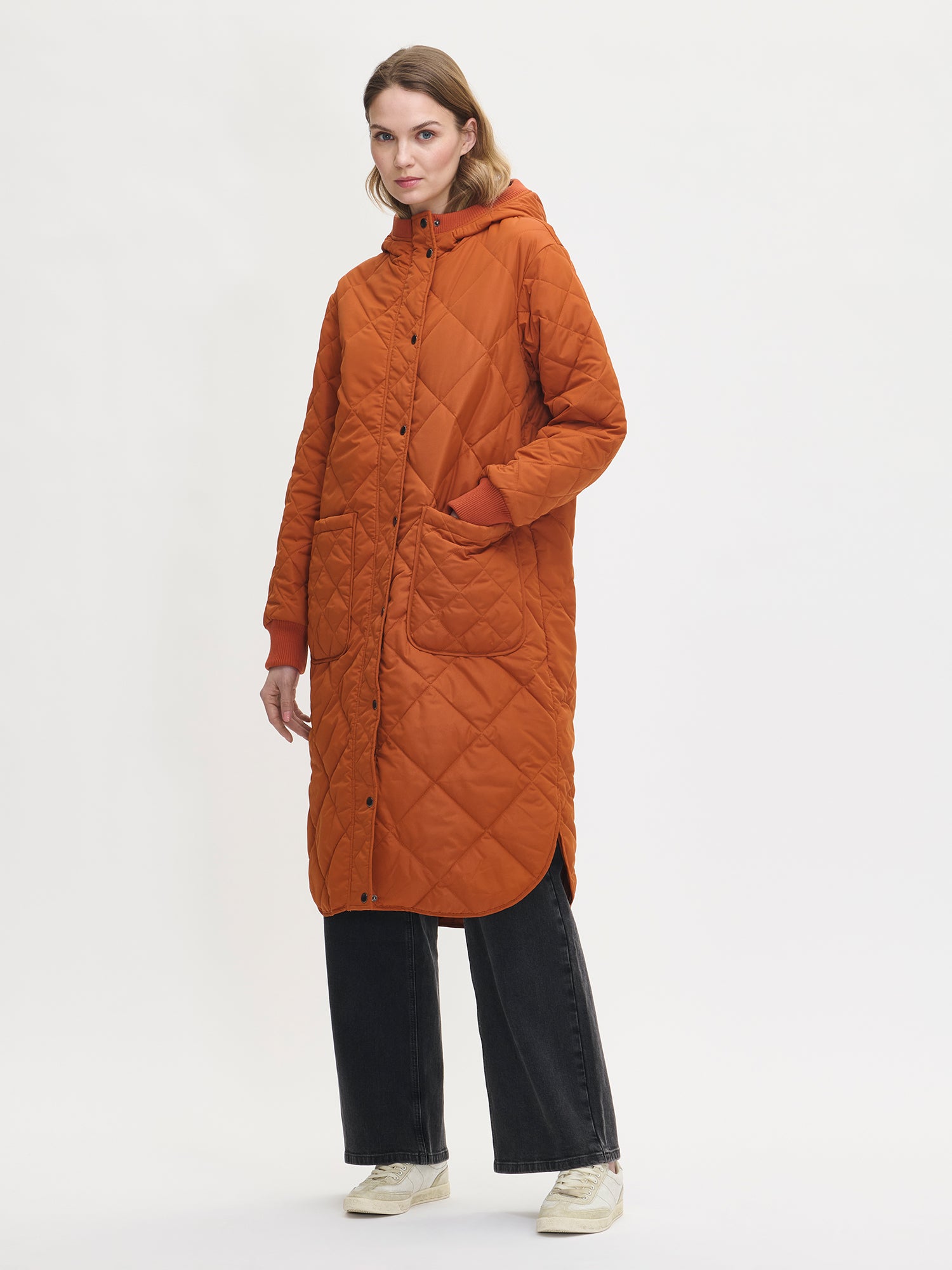 Nanso women's casual brown Maxi quilted coat with light padding and a cozy hood, side