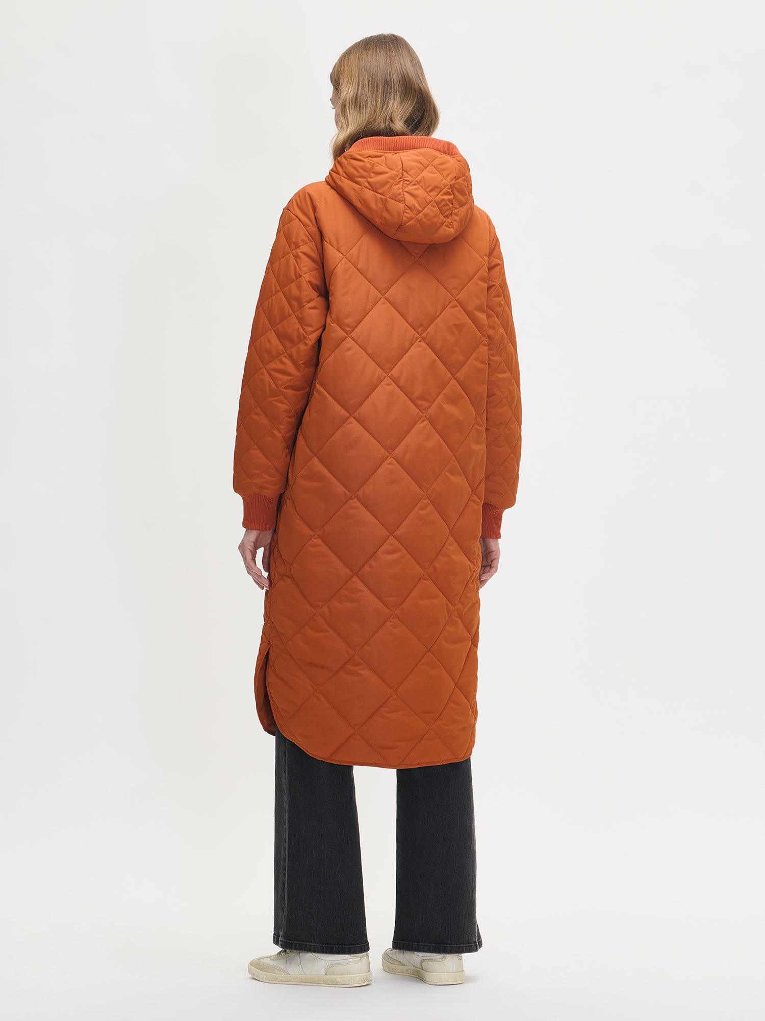Nanso women's casual brown Maxi quilted coat with light padding and a cozy hood. back