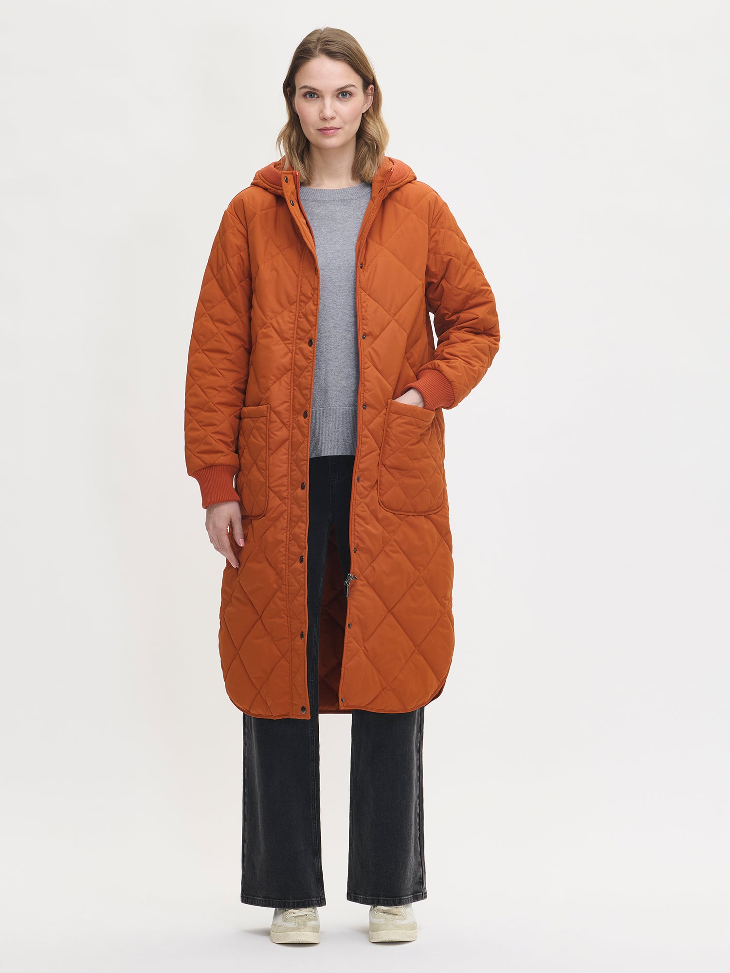 Nanso women's casual brown Maxi quilted coat with light padding and a cozy hood, front
