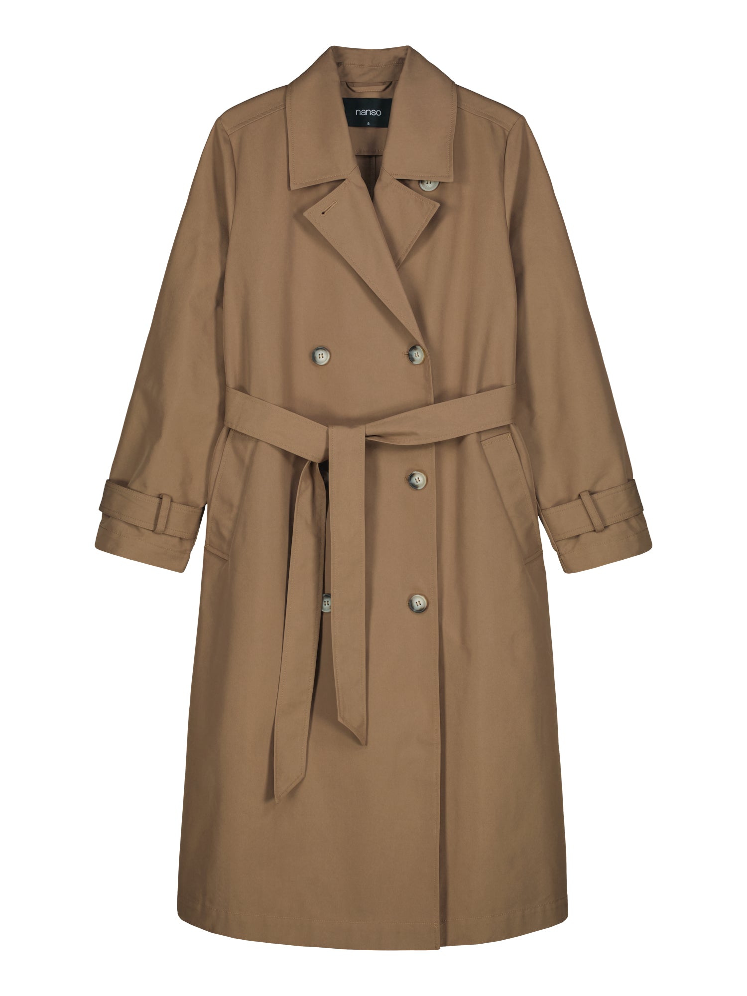 Brown trench coat with a belt on a white background