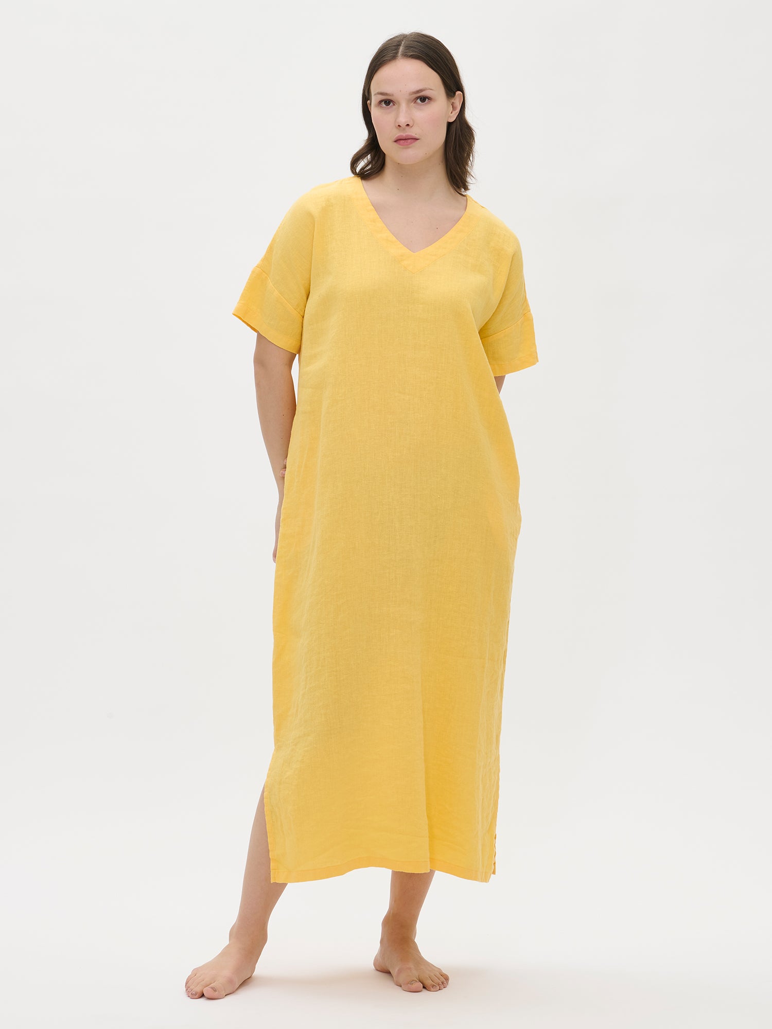 SARASTUS Women's Long Relaxed Yellow Linen Dress