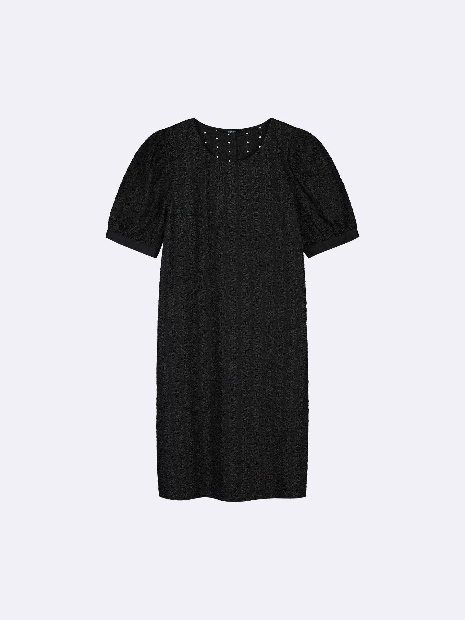 Nanso women's solid black Petra dress, made of woven cotton poplin fabric with beautiful embroidery, in the product image.