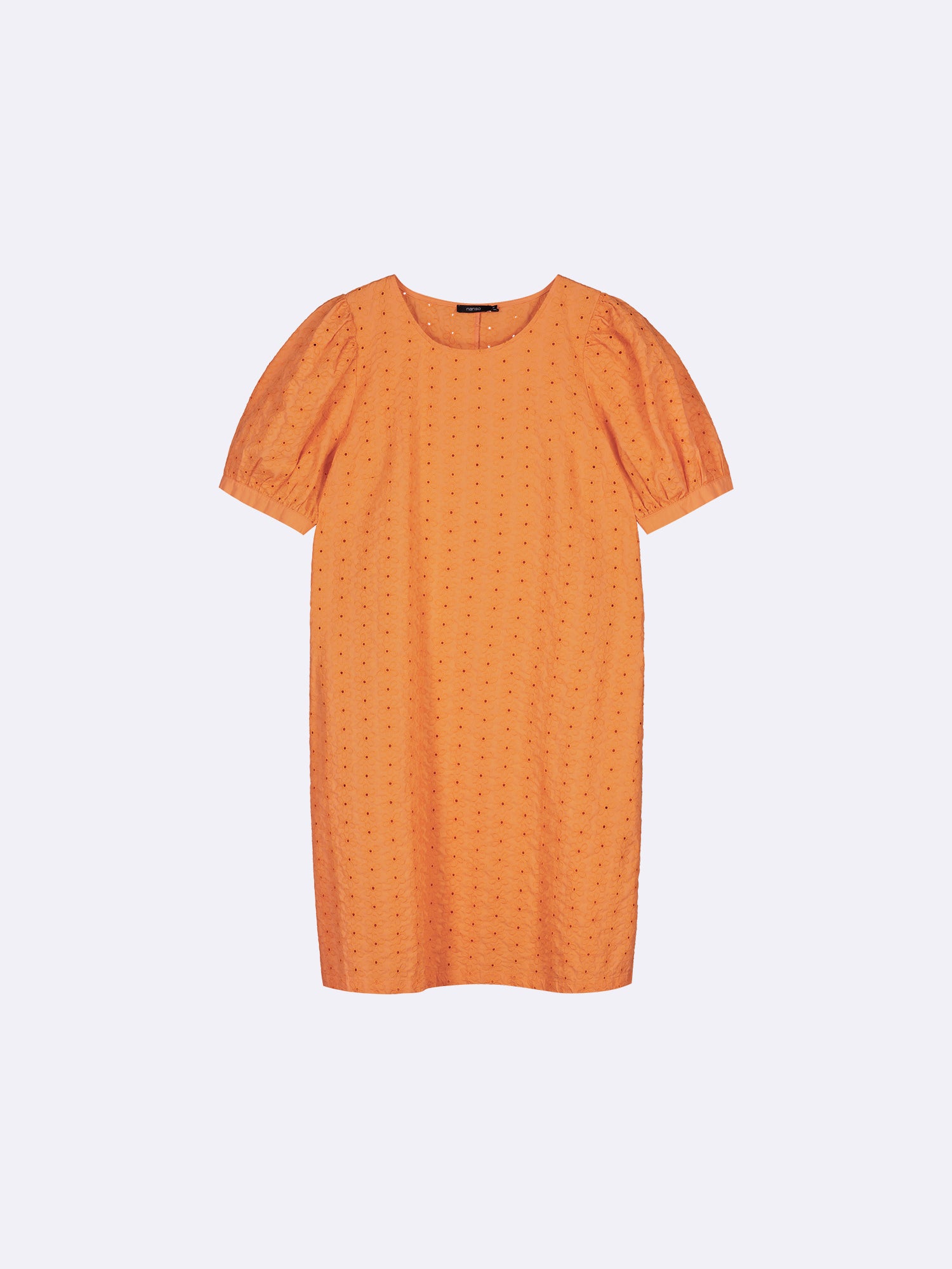 Nanso women's solid orange Petra dress, made of woven cotton poplin fabric with beautiful embroidery, in the product image.