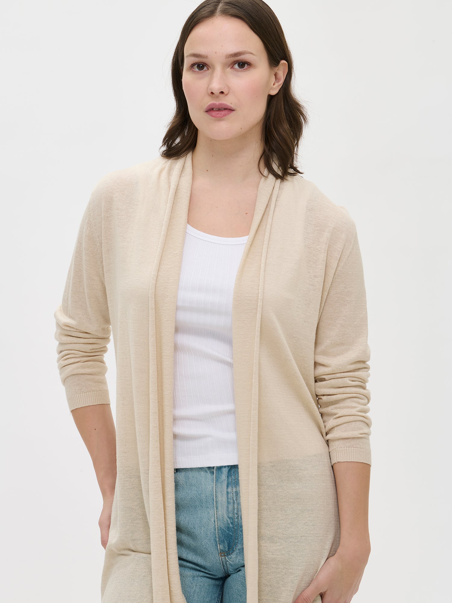 Nanso women's long Karina knit cardigan in beige, front