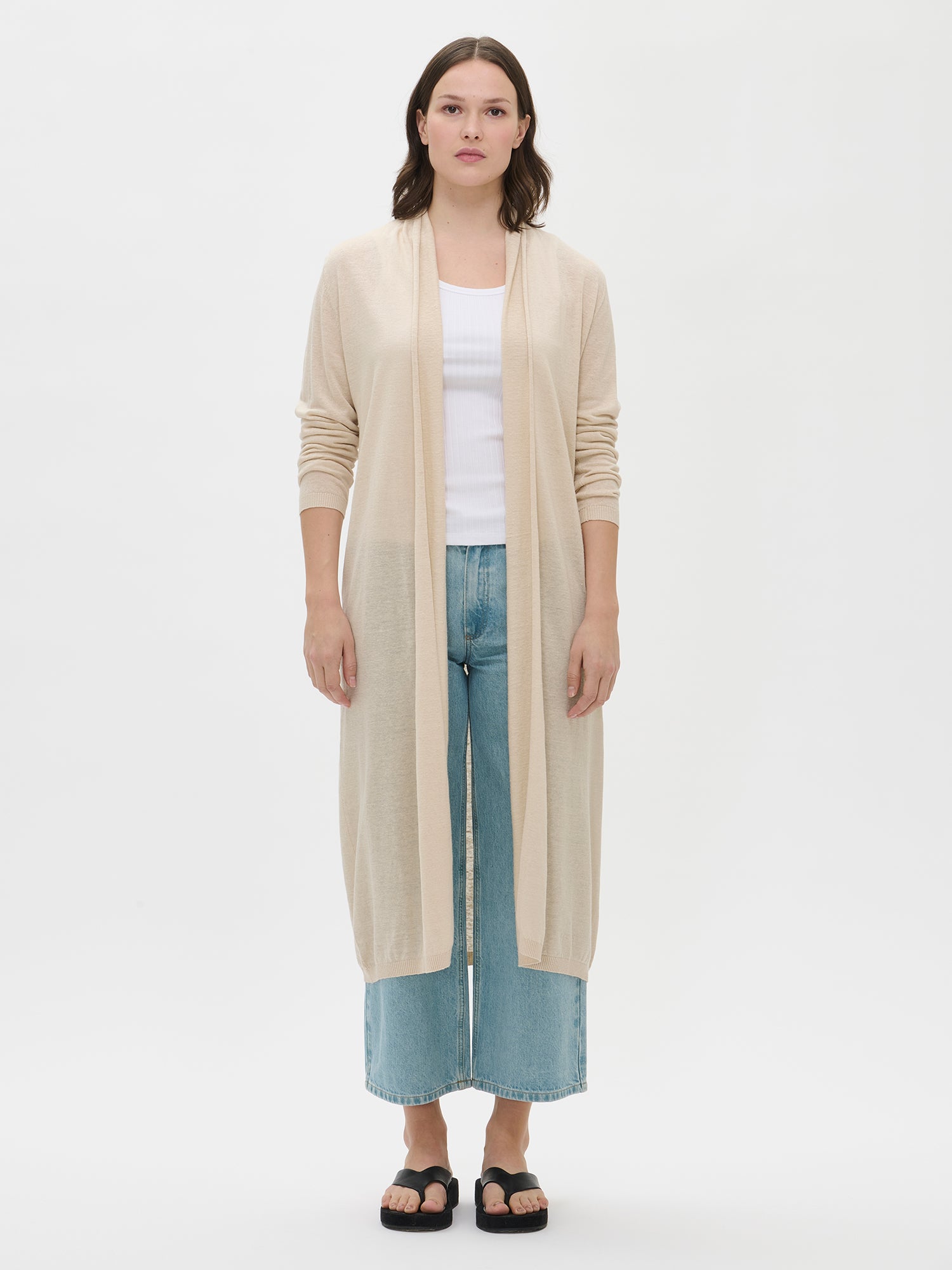 Nanso women's long Karina knit cardigan in beige from the front