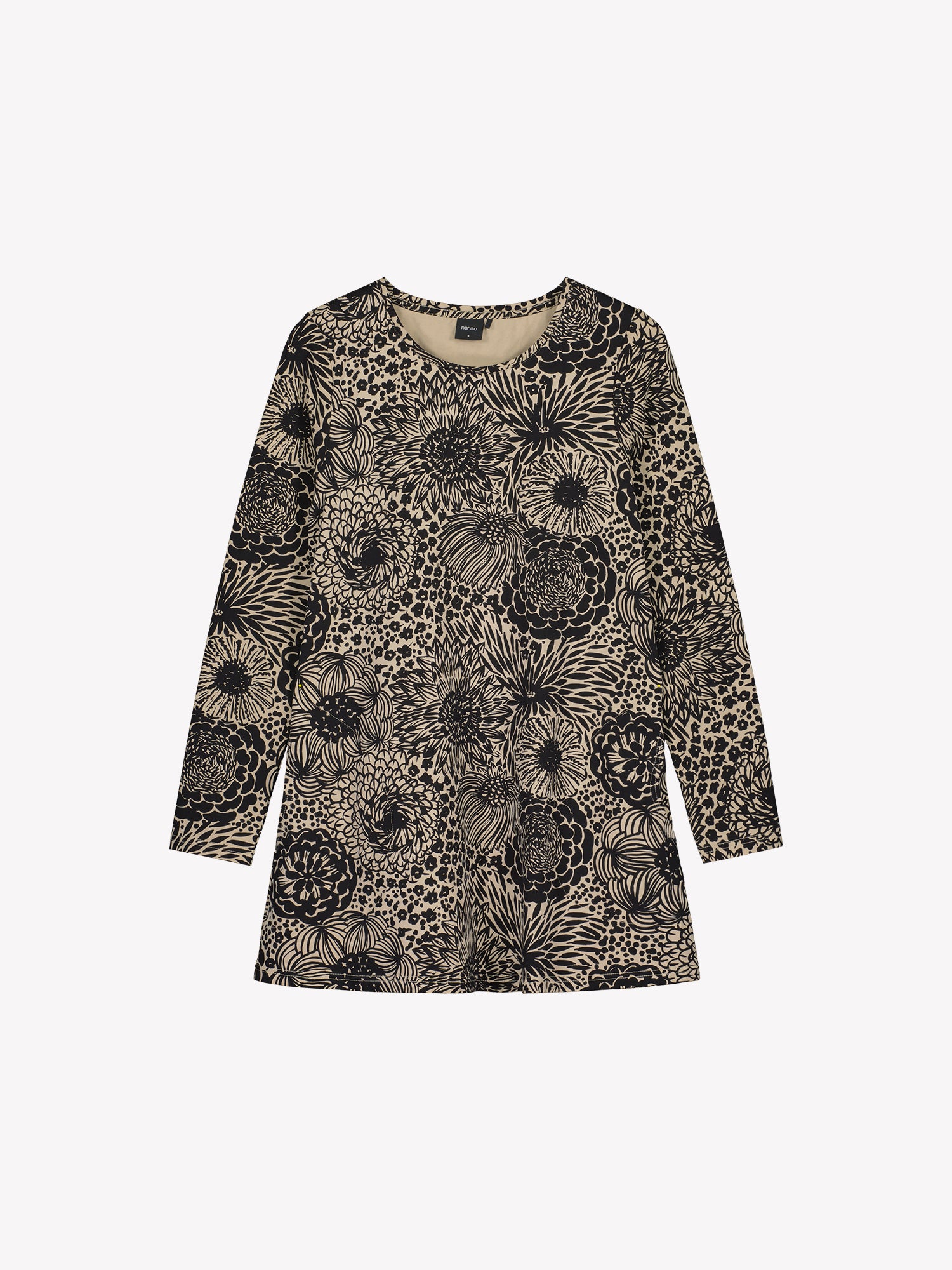 Nanso women's printed floral beige Huvi A-line tunic with a round neckline