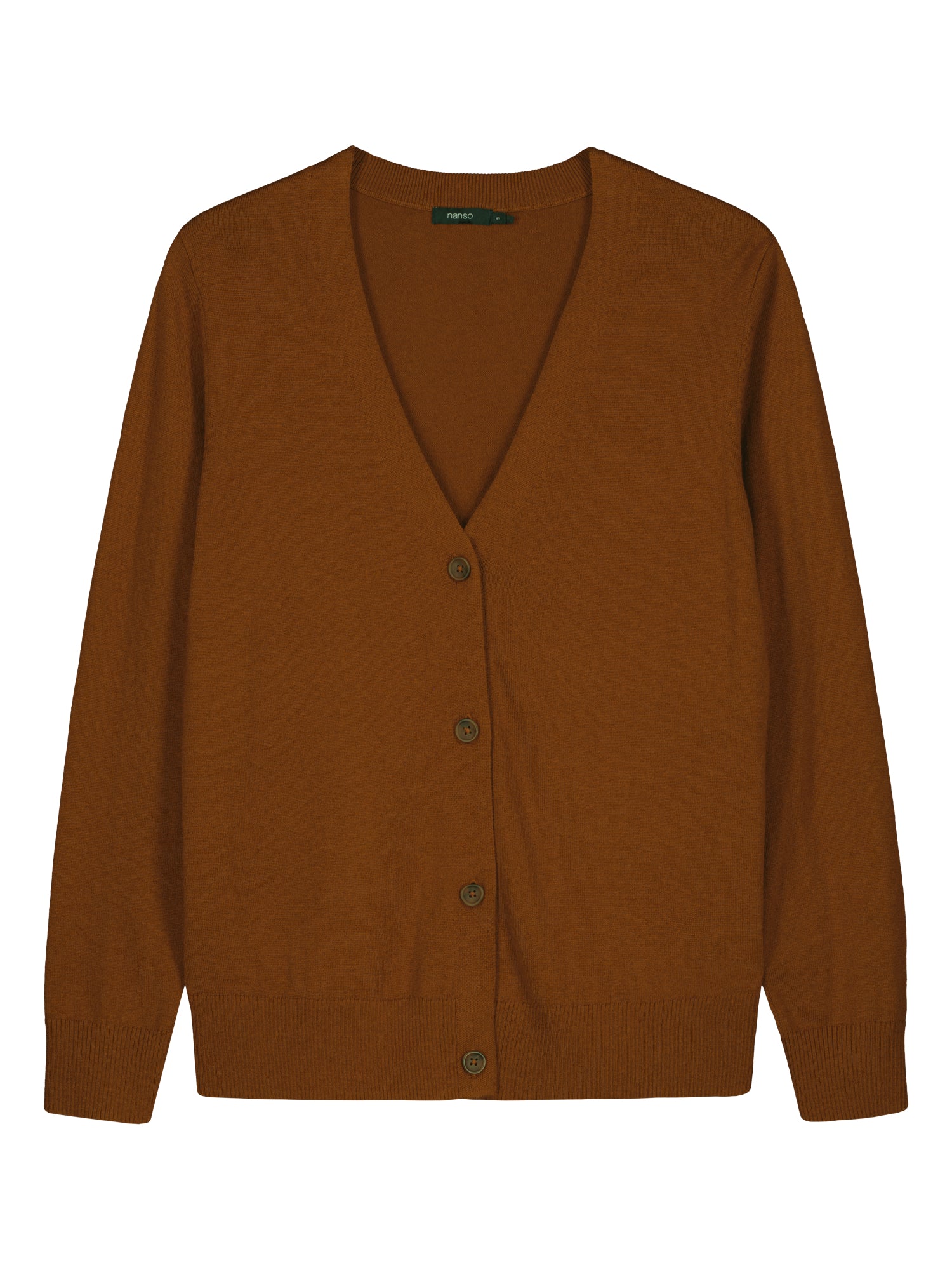 Nanso women's solid-color "Villis" cardigan in brown. In a product image.