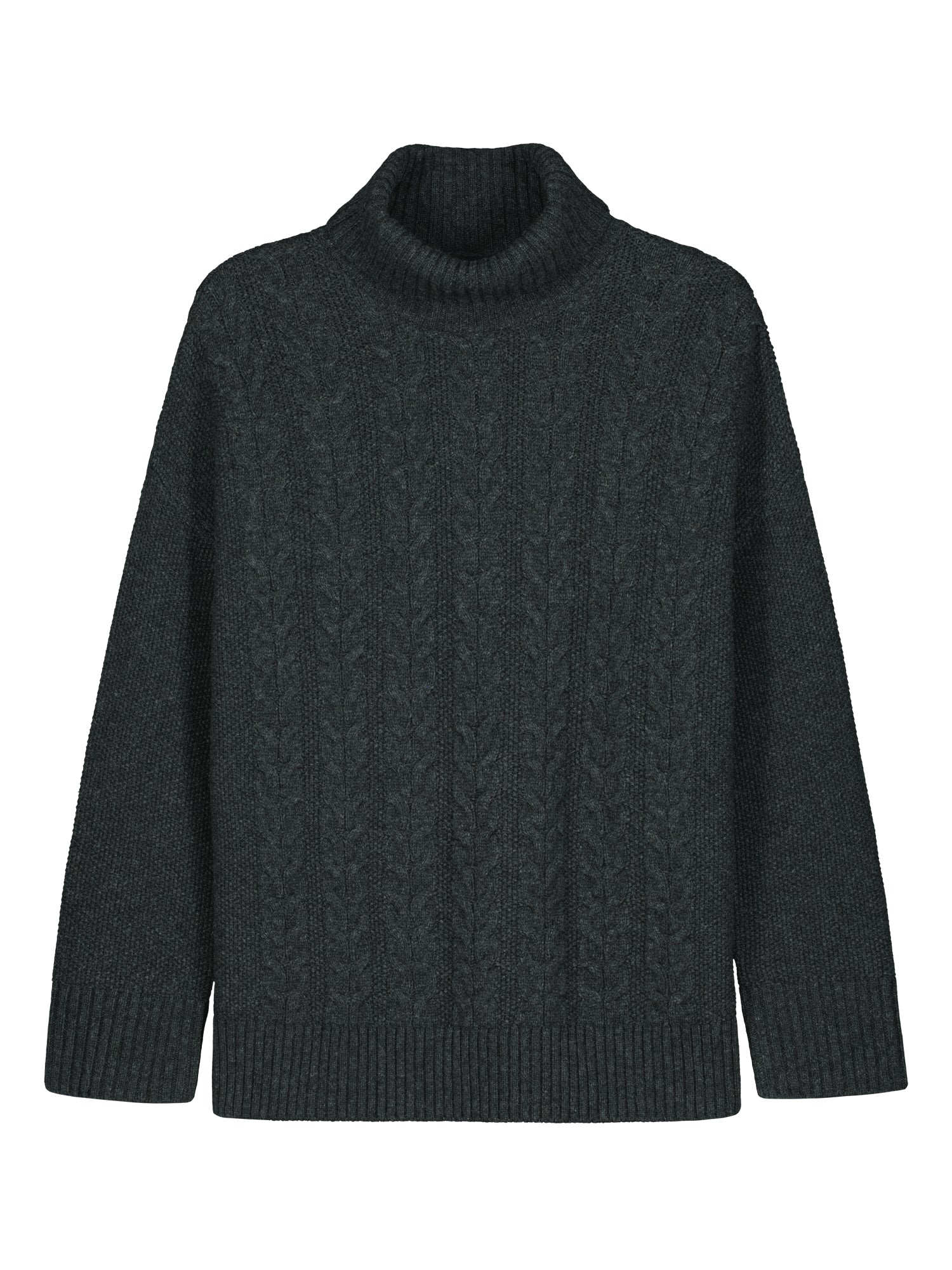 Dark gray cable knit sweater on a white background