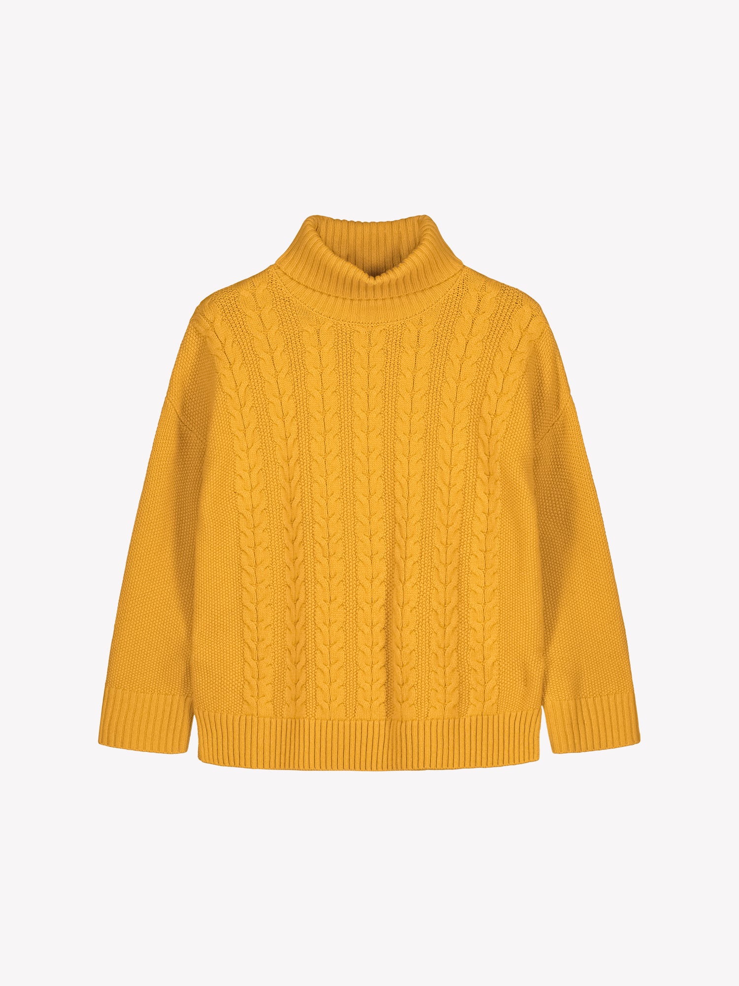 Yellow cable knit sweater on a light gray background