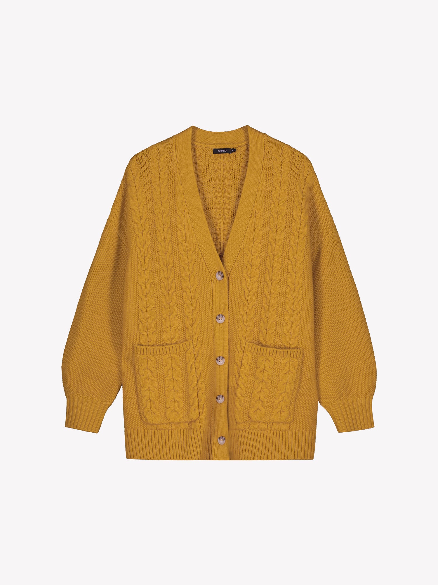 Yellow cardigan with cable knit pattern on a white background