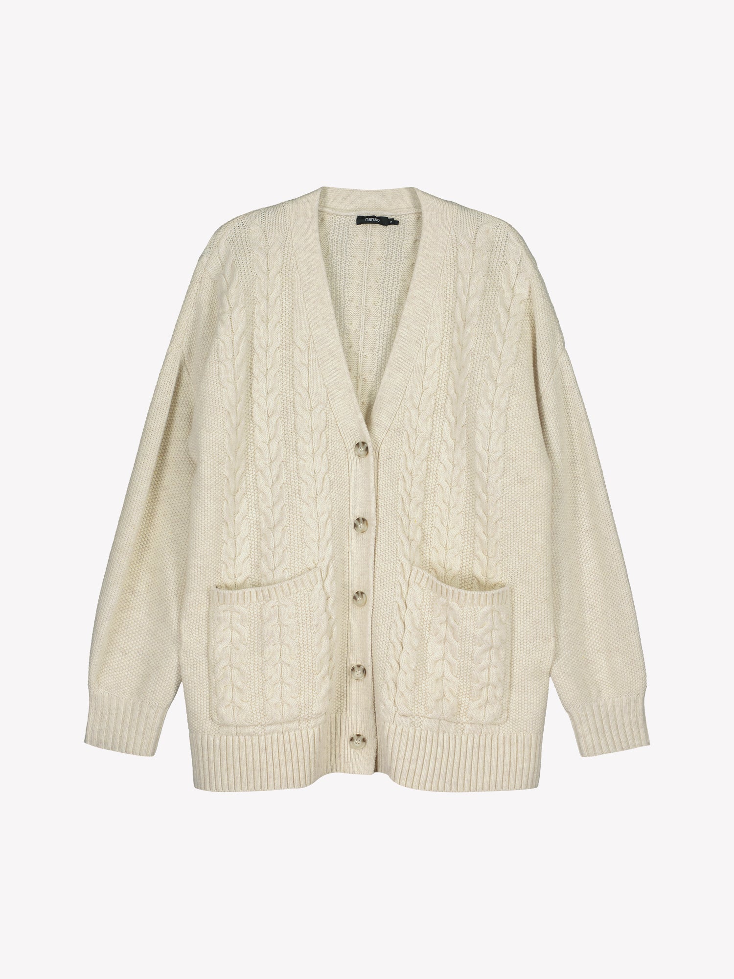 Beige cardigan with cable knit pattern on a white background