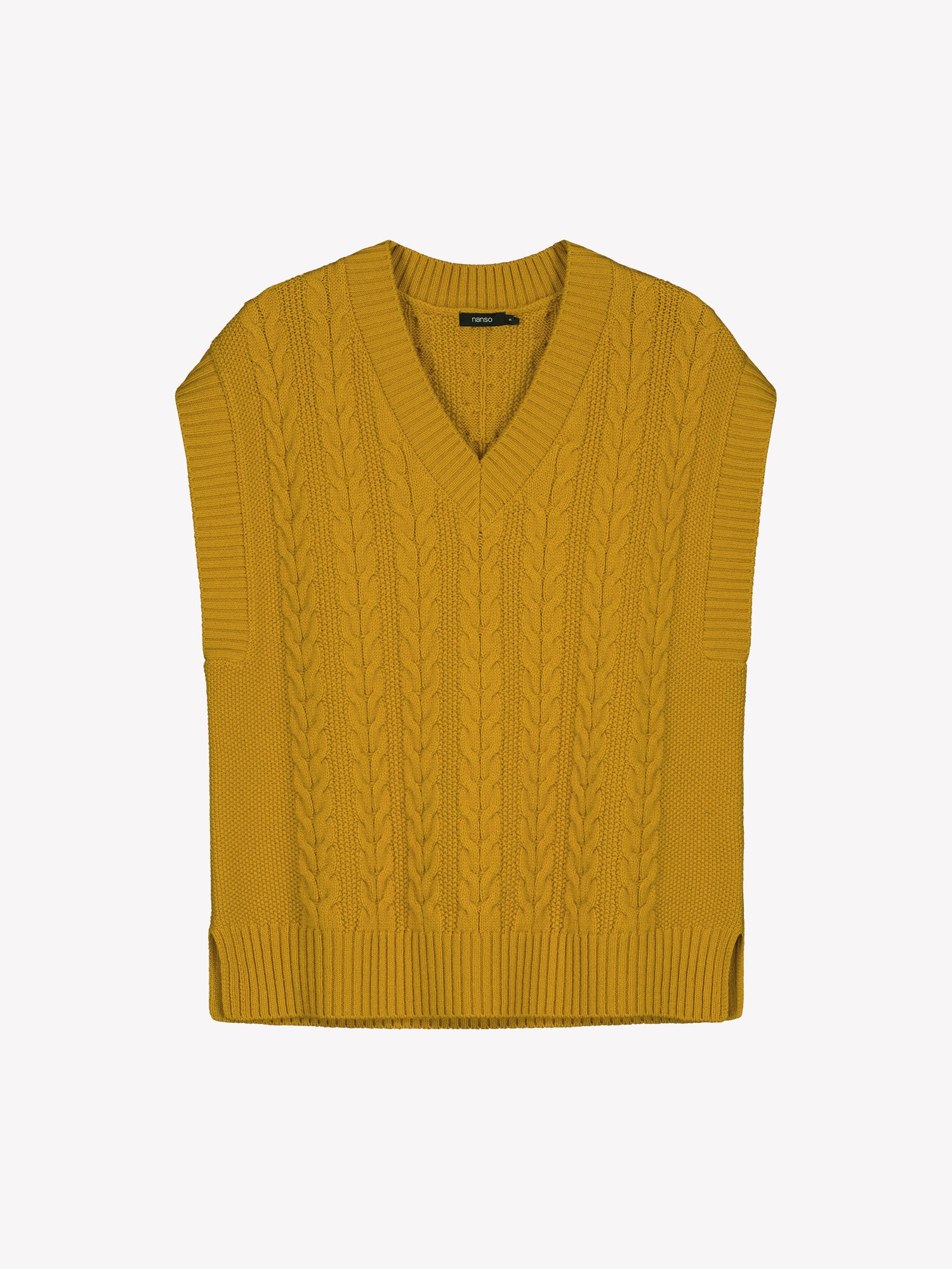 Yellow cable knit vest on a white background