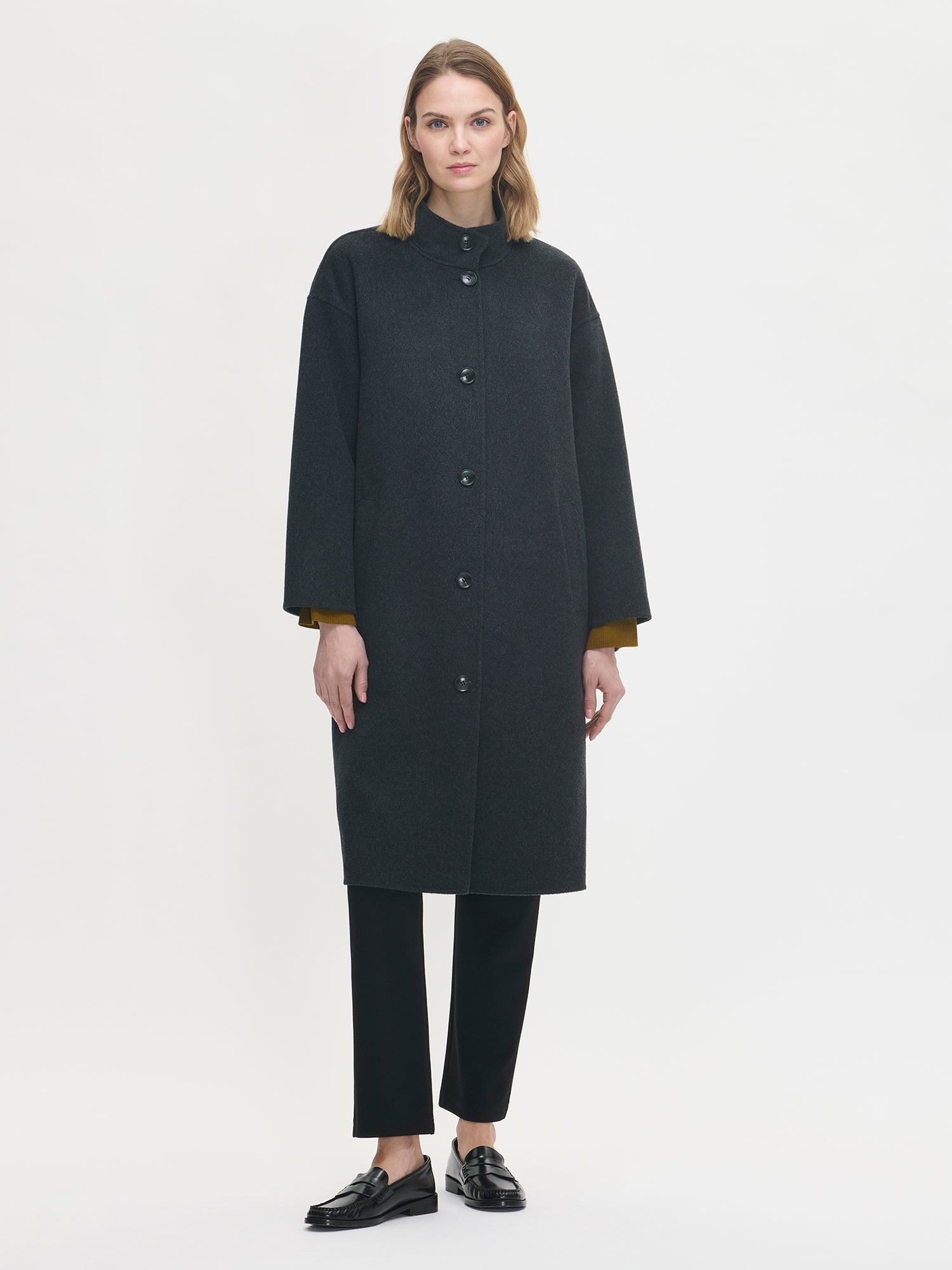 Nanso women's long dark grey Elle wool coat, closed