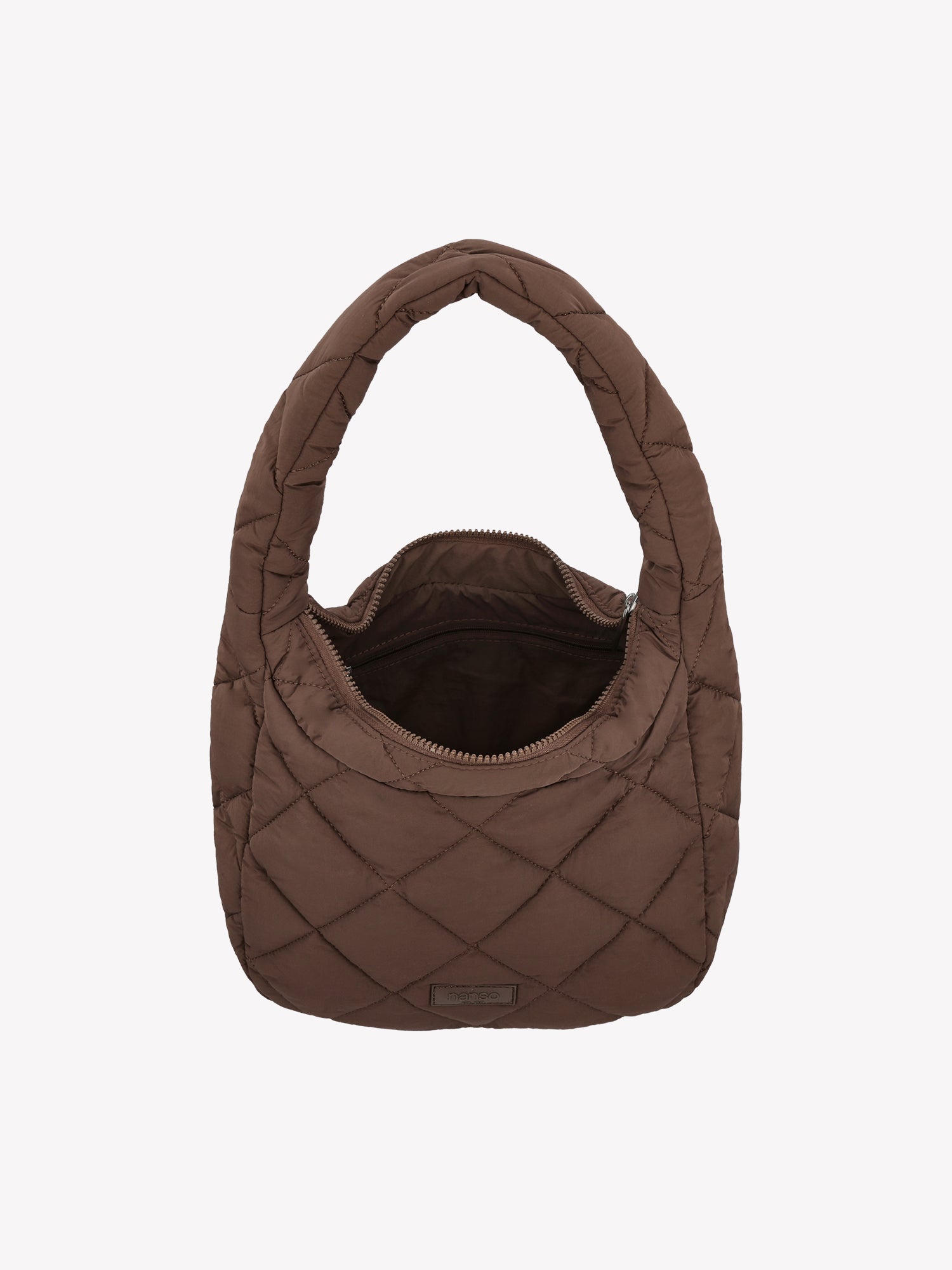 Nanso's trendy dark brown Midi Vanu bag is crafted from quilted fabric, open