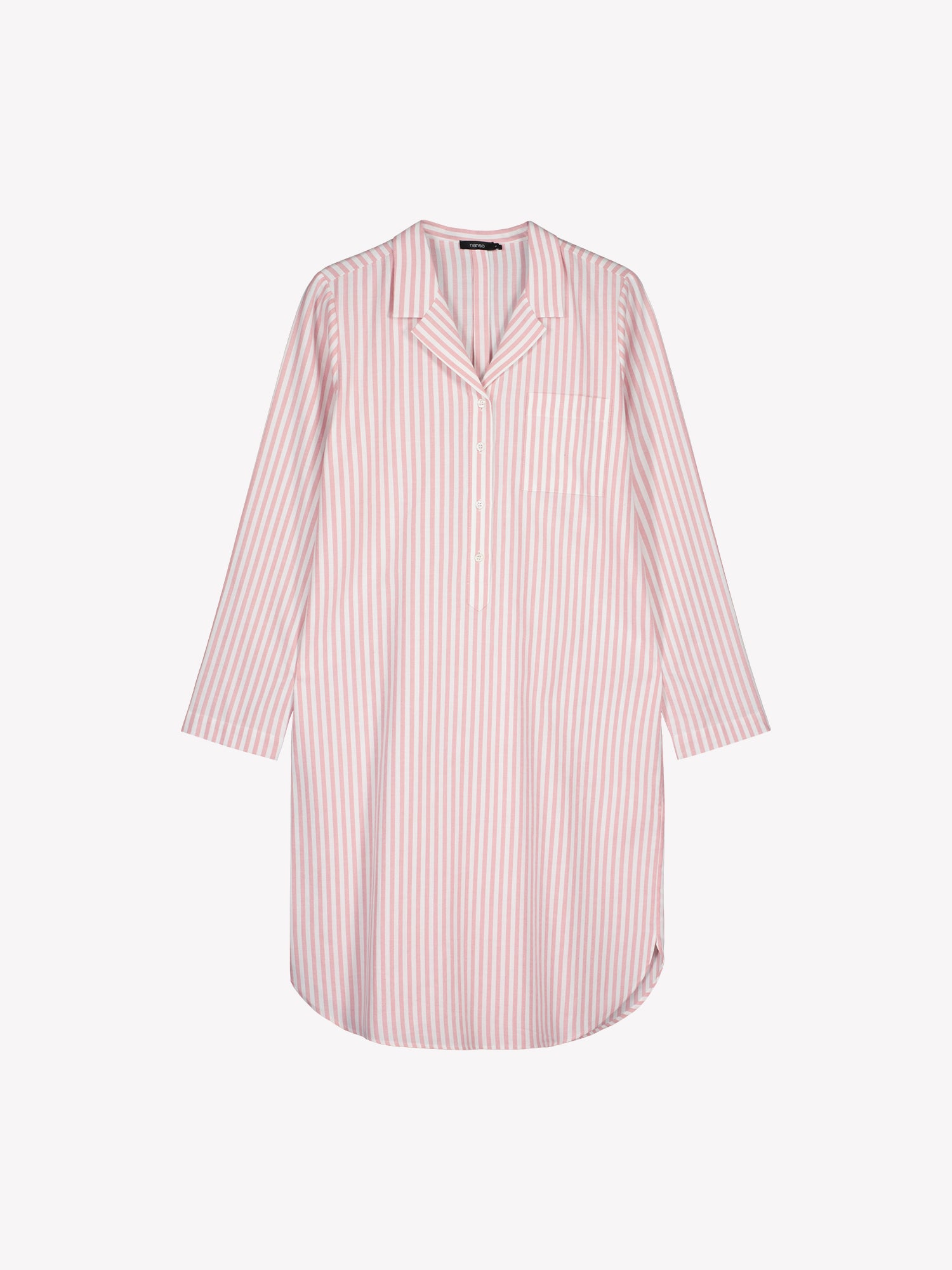 Nanso Polka pink women’s collared long-sleeved dress, striped cotton flannel fabric, product photo.