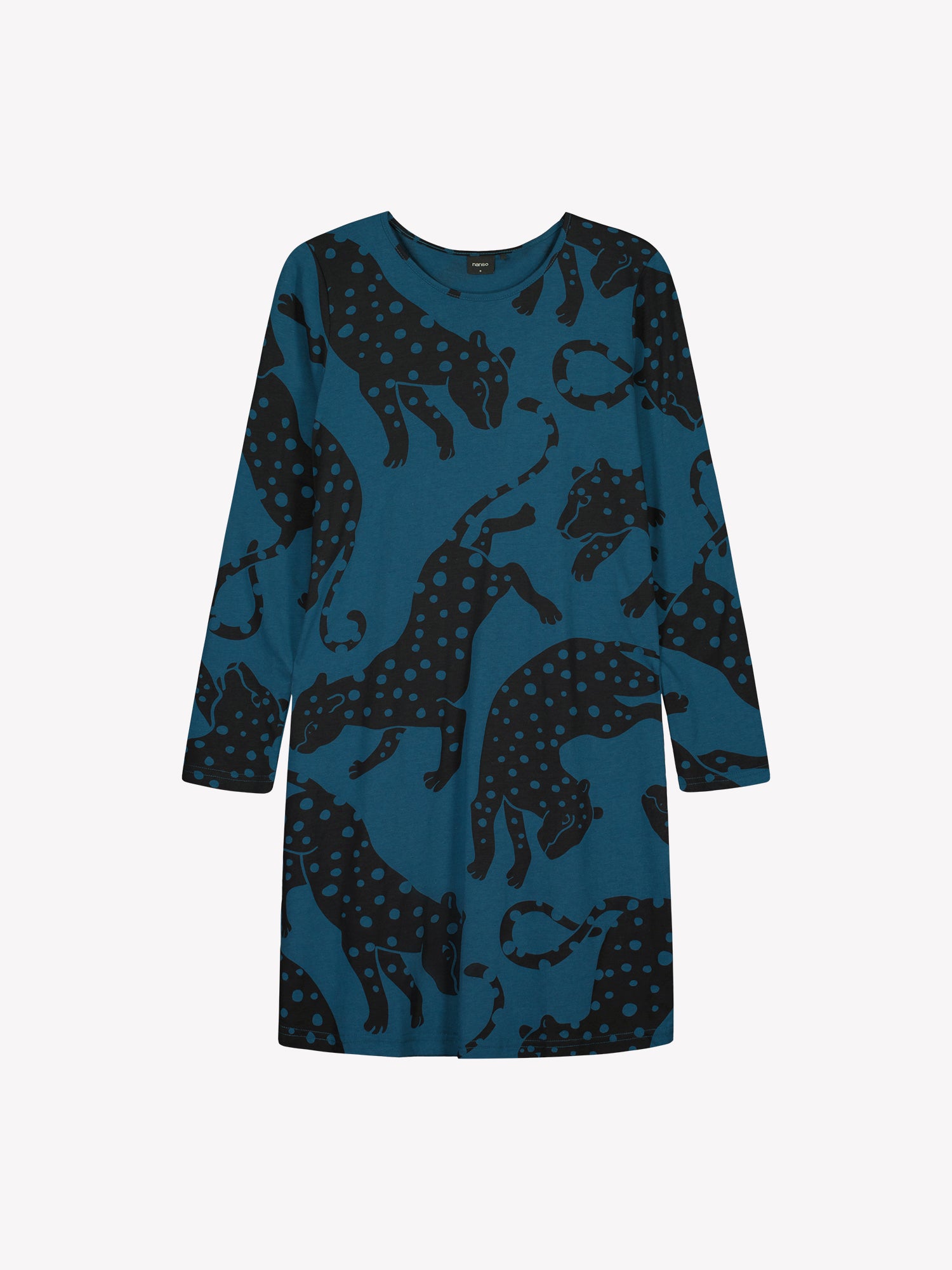 Nanso women’s blue Leonora nightgown, shown as product image without model. Features long sleeves, straight cut, and full pattern detail.