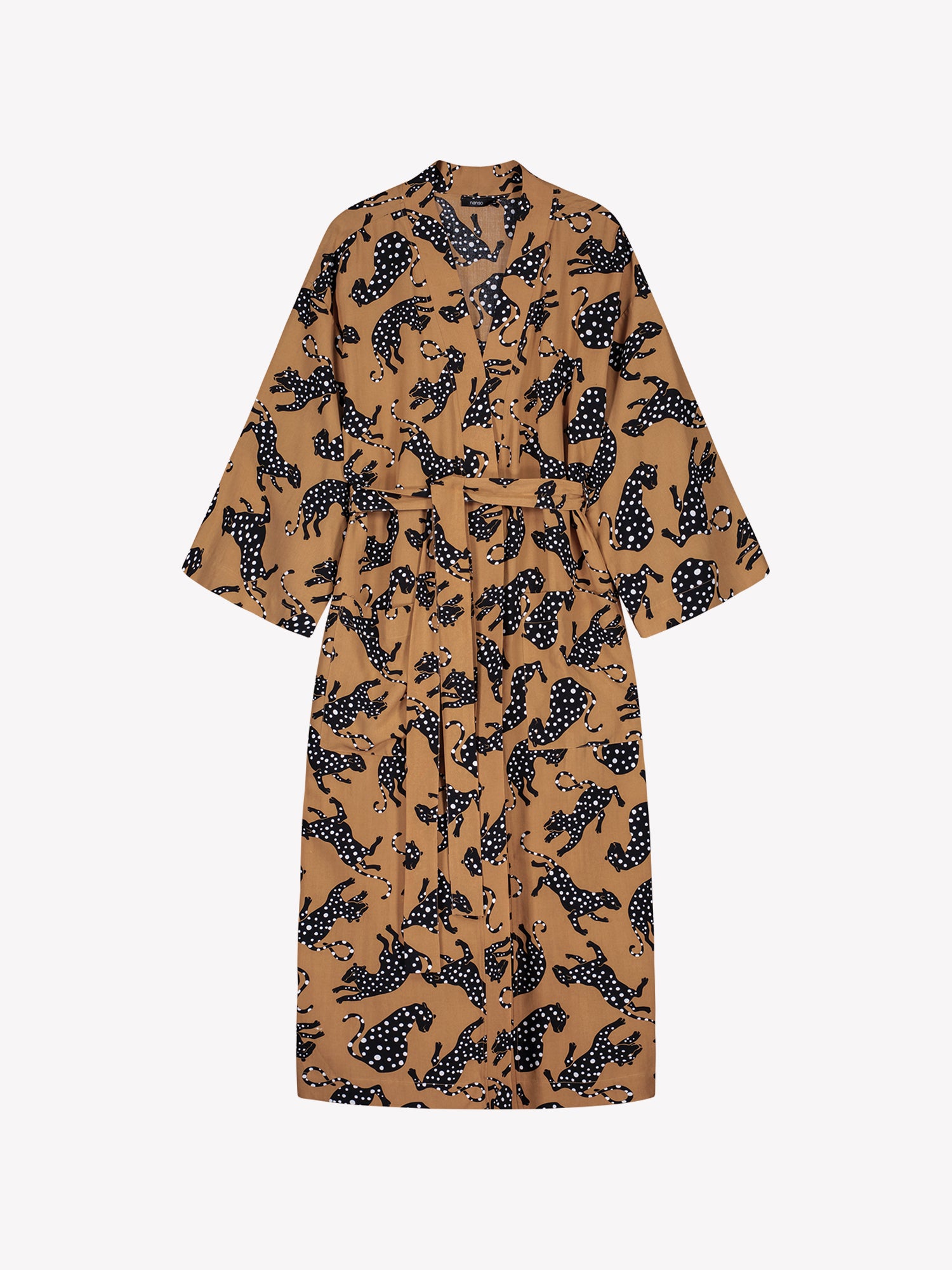 Nanso women's beige Pieni Leonora robe laid flat, front view, showing textured fabric and straight sleeves.