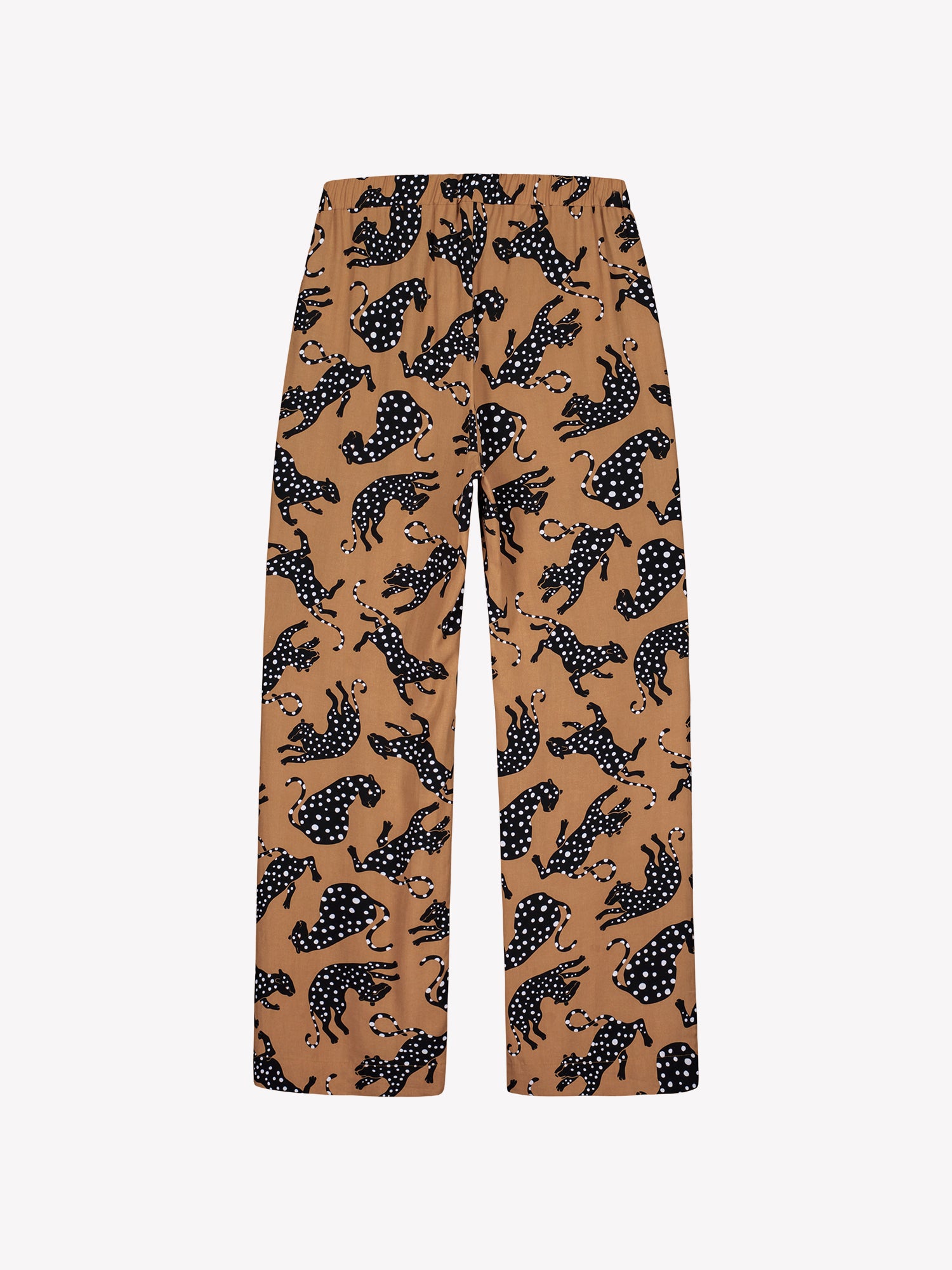 Nanso women’s patterned Pieni Leonora trousers in product image back view, soft lyocell fabric and relaxed cut.