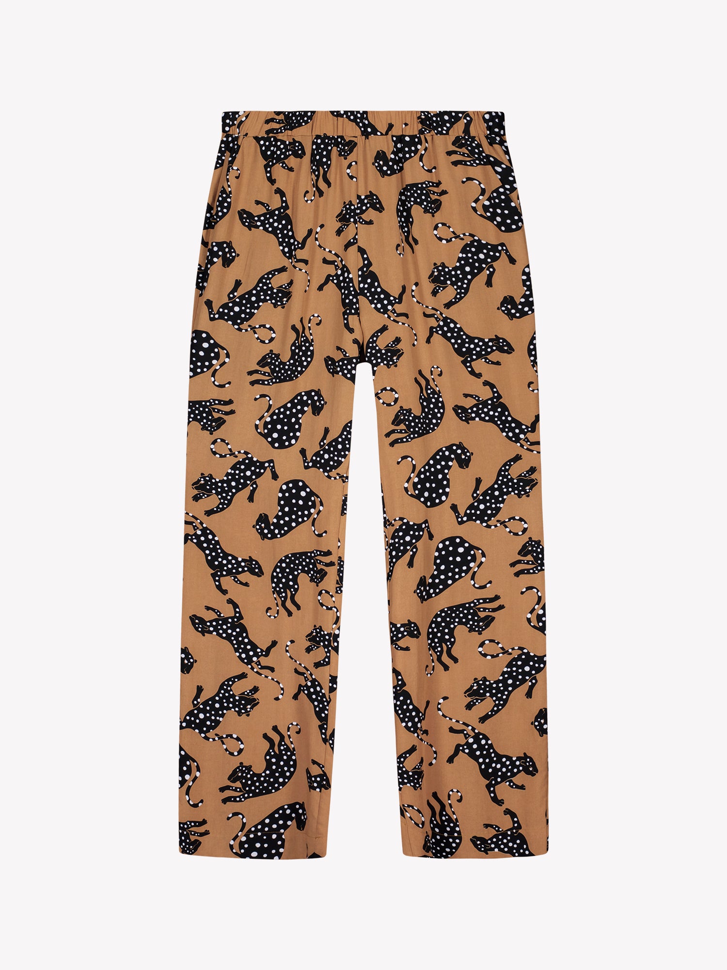 Nanso women’s patterned Pieni Leonora trousers in product image front view, elastic waist and full length.