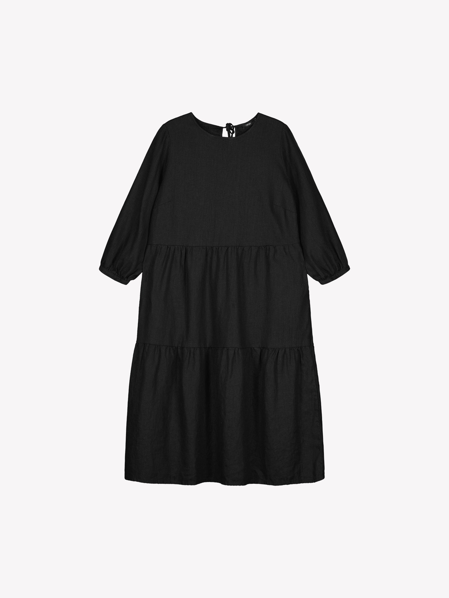 Women's Saralia Linen Dress in black features voluminous frill layers, making it a stylish staple for spring and summer.