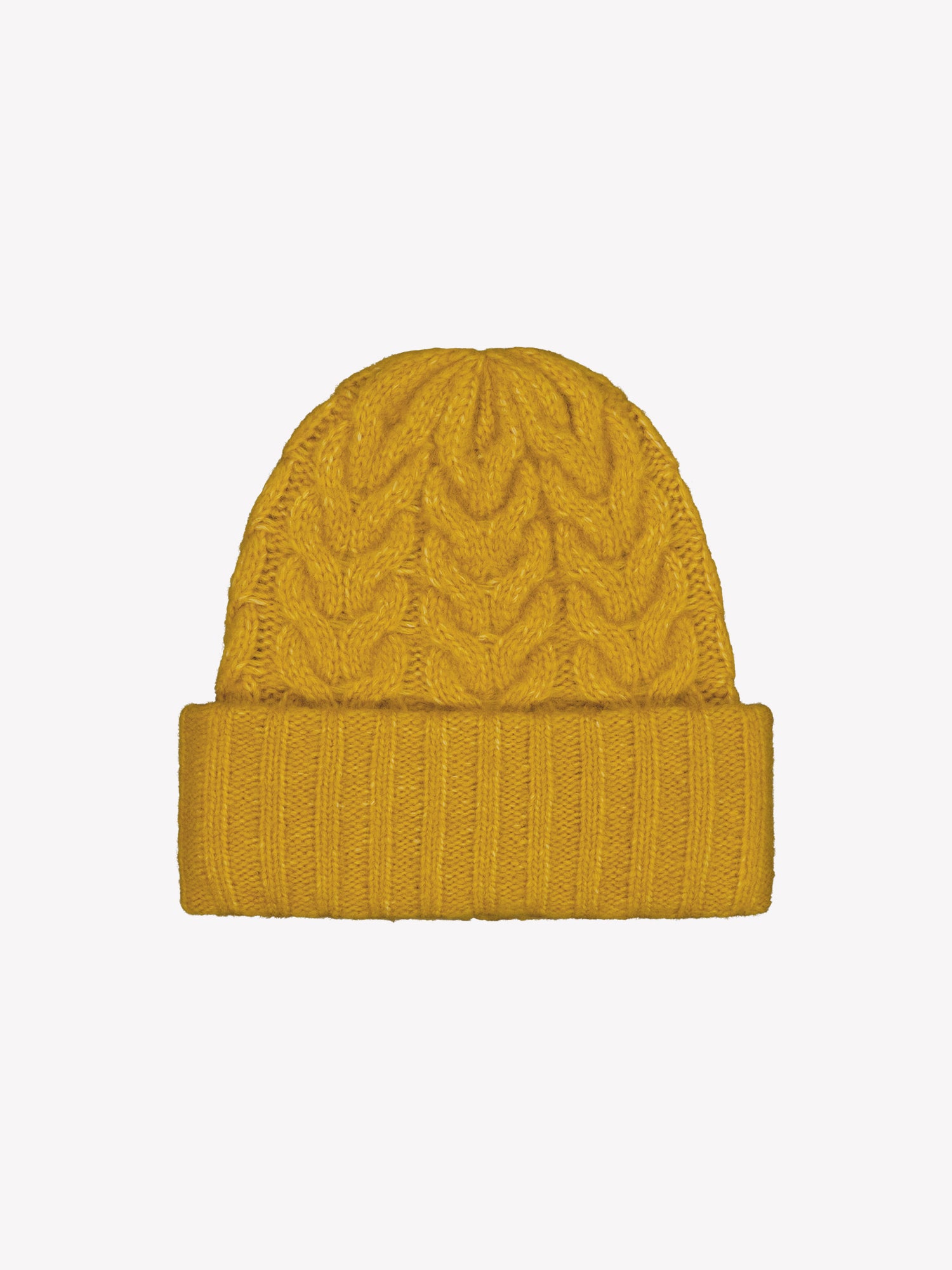Nanso women’s yellow Kierre knit beanie features a charming cable pattern and a cozy, voluminous fit