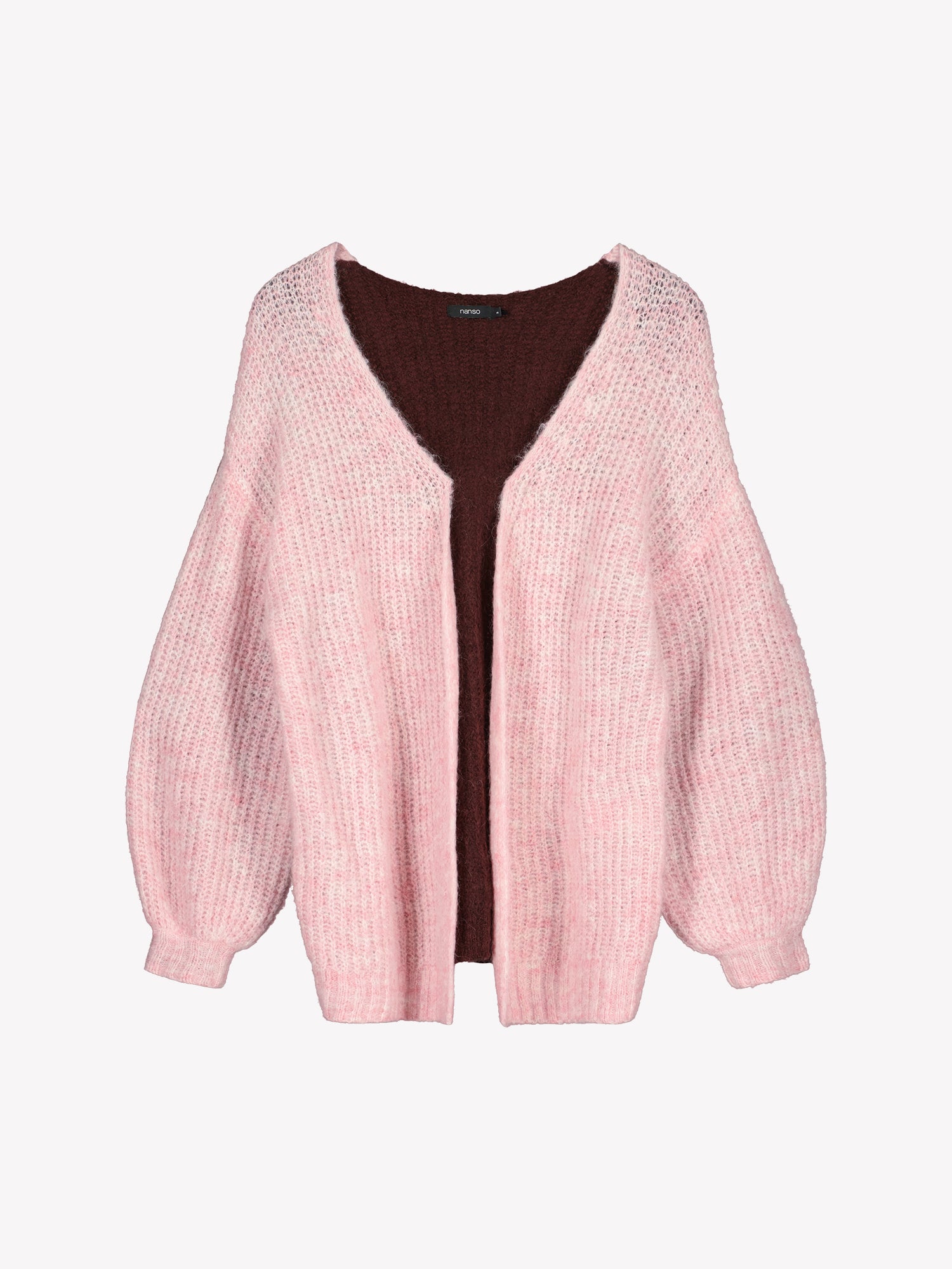 Nanso women's luxurious long-sleeved Karamelli knit cardigan in a soft pink-brown shade features contrasting colors on the front and back