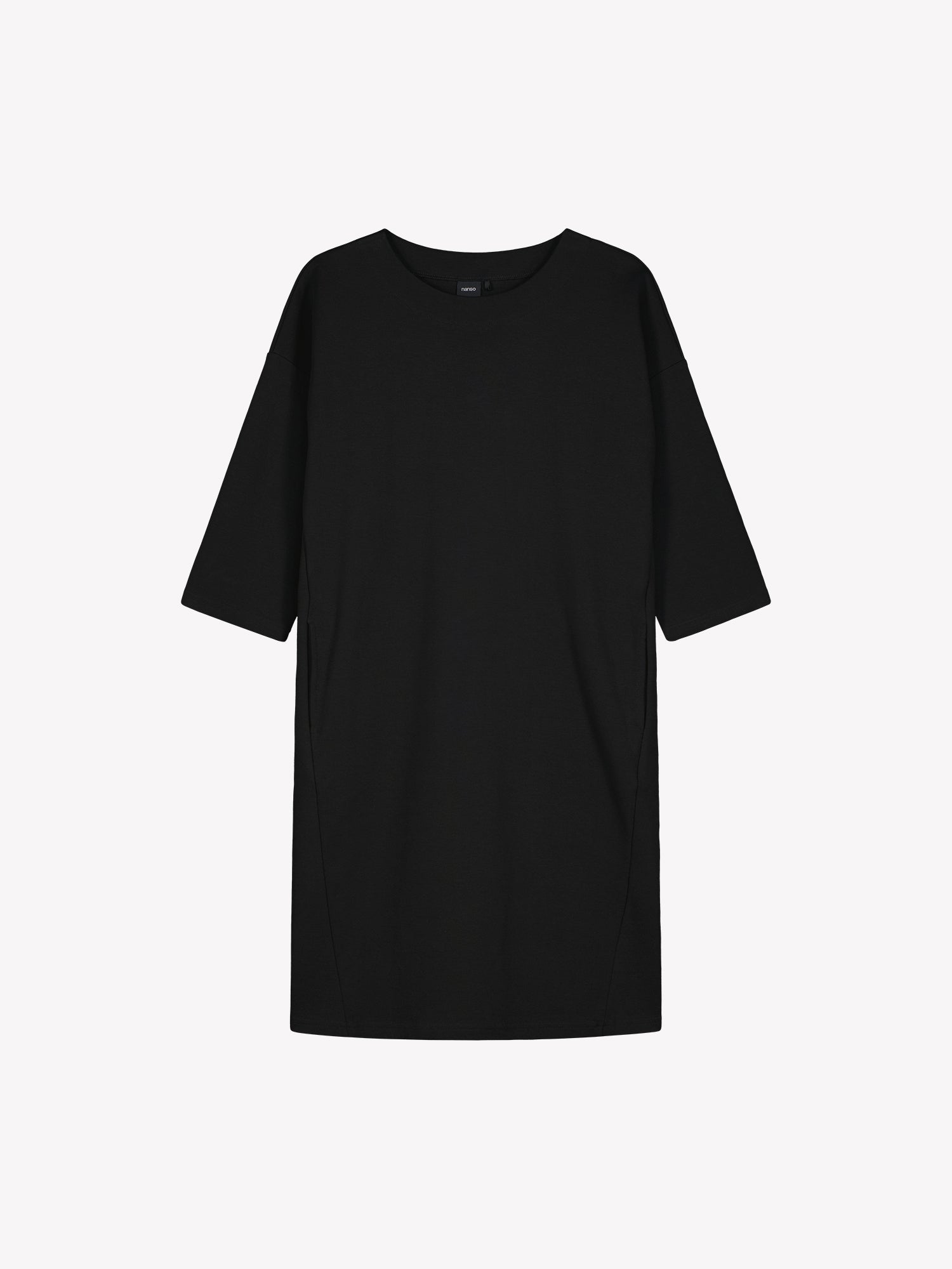 Nanso women’s black Elena knit dress in cotton blend, oval neckline and dropped shoulders, product photo front view.