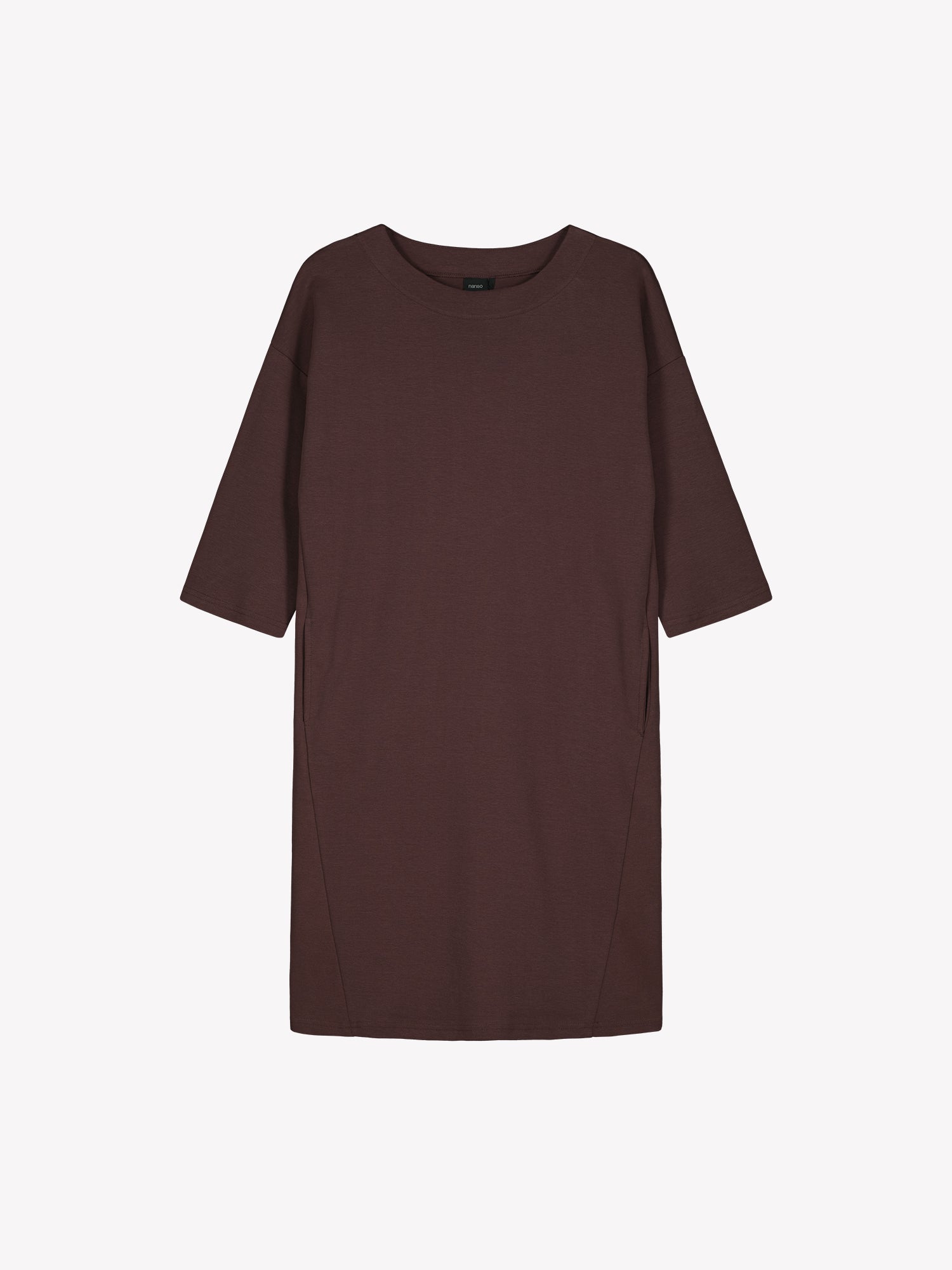 Nanso women’s brown Elena knit dress in cotton blend, oval neckline and dropped shoulders, product photo front view.