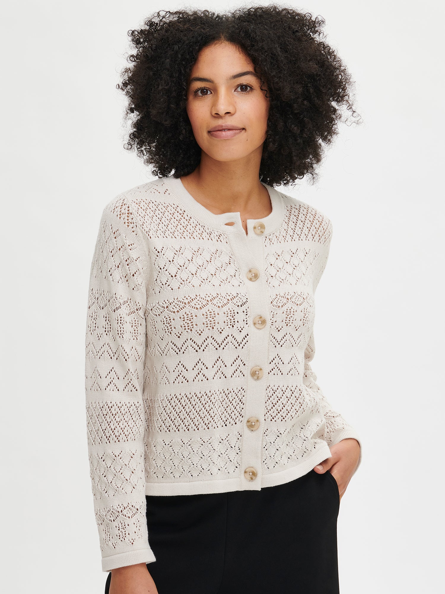 Women's beige Palermo lace knit cardigan from the front