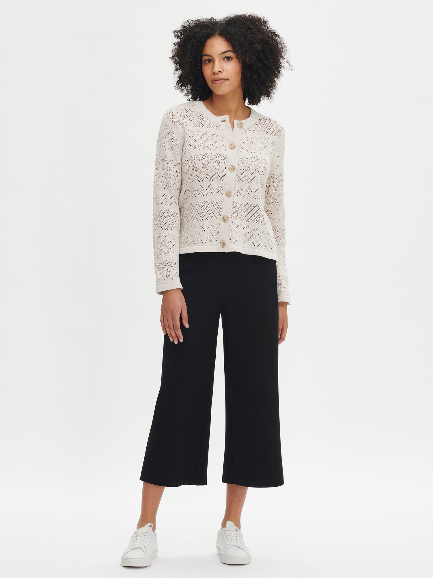 Women's beige Palermo lace knit cardigan is made with high-quality certified cotton