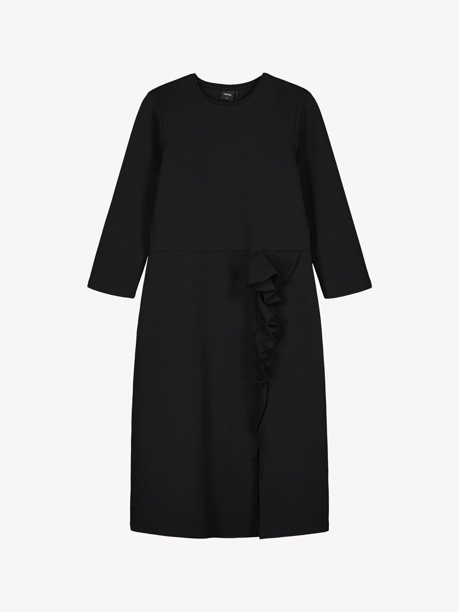 Nanso women’s black Opera dress, knee-length fitted style with round neckline, three-quarter sleeves, and frill detail with slit, in product photo.