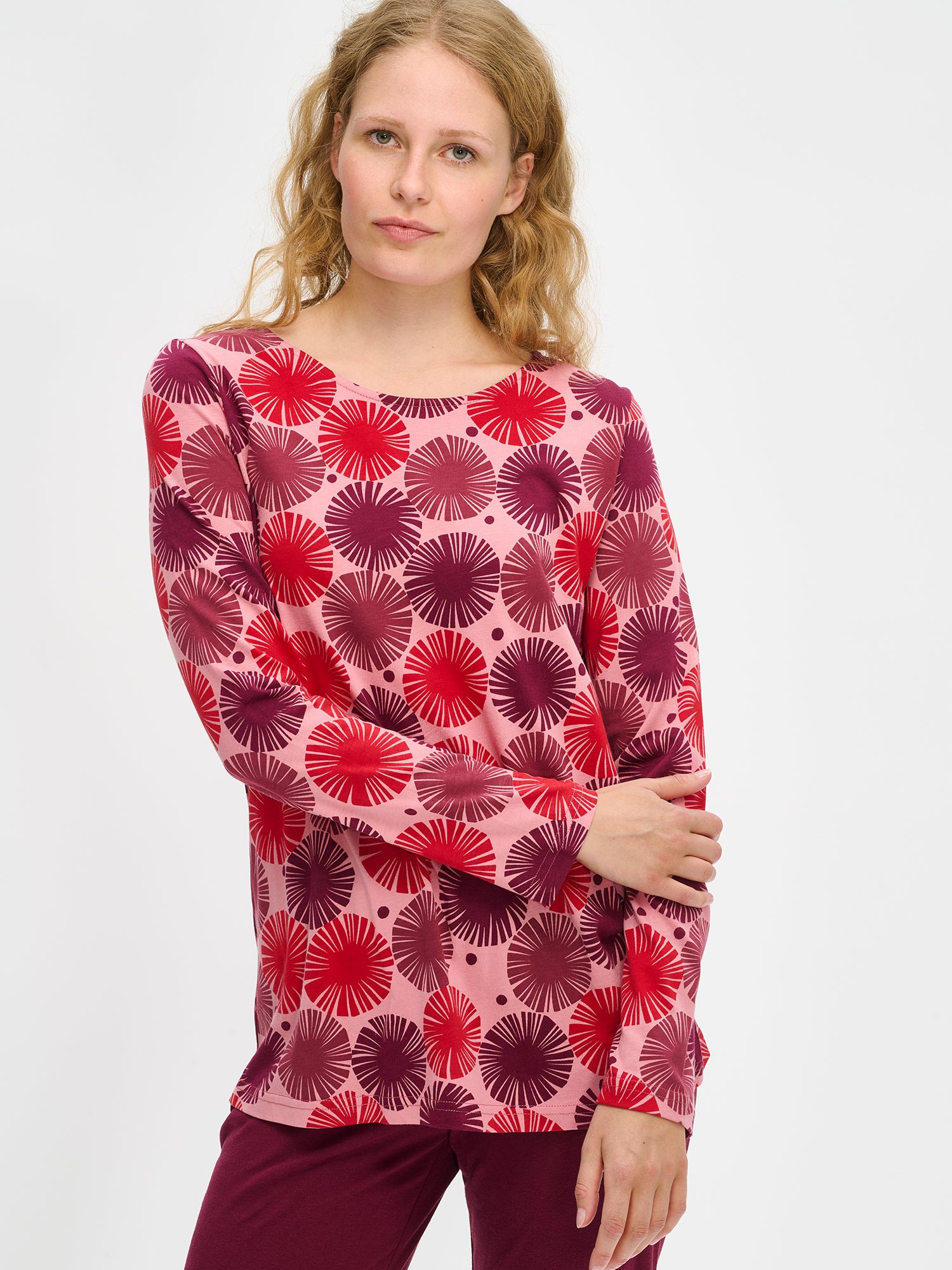 Nanso Amara red women’s patterned cotton-modal pajama set, half-body image worn by model.