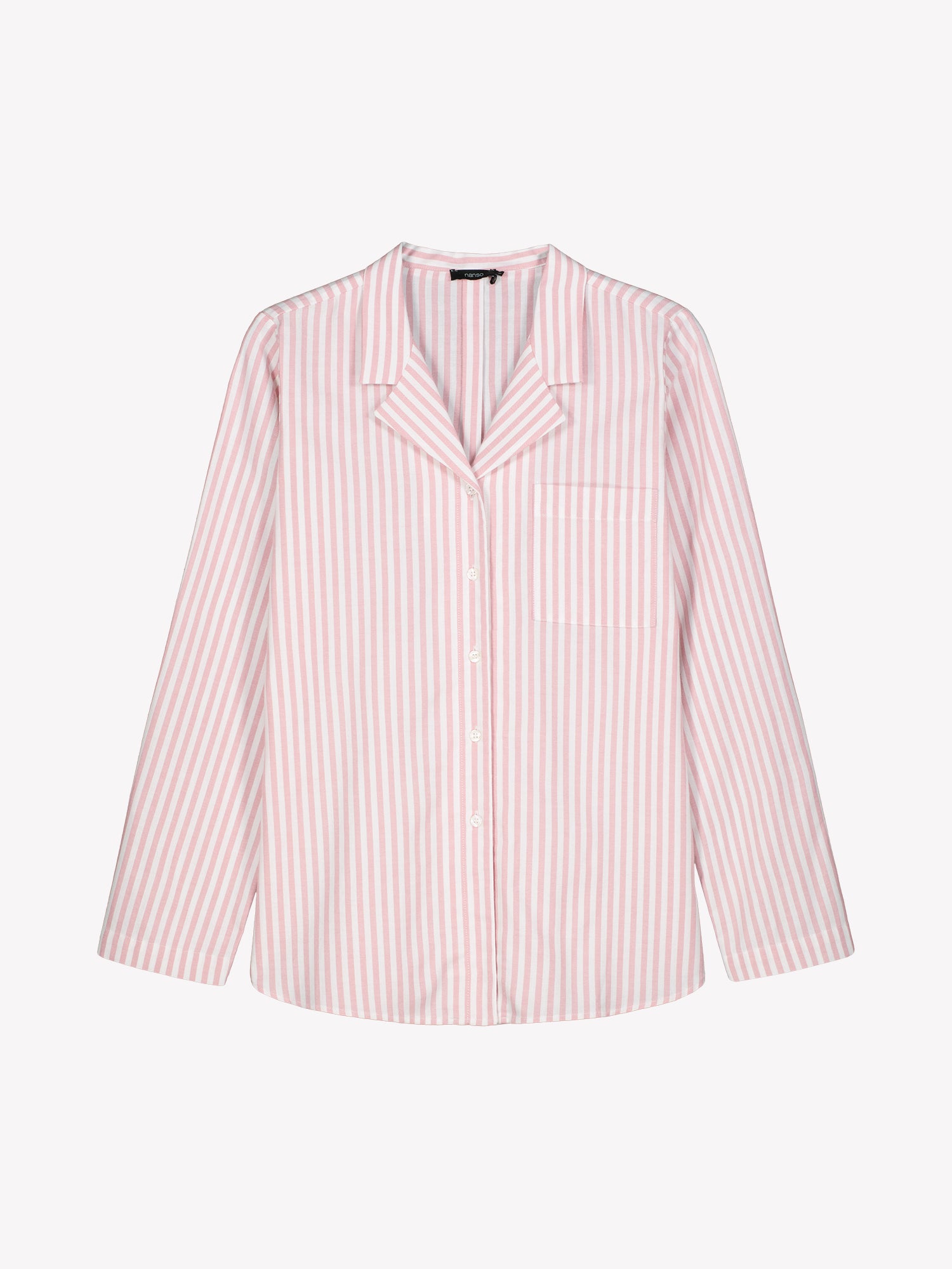 Nanso Polka pink women’s collared long-sleeved shirt, striped cotton flannel fabric, product photo.